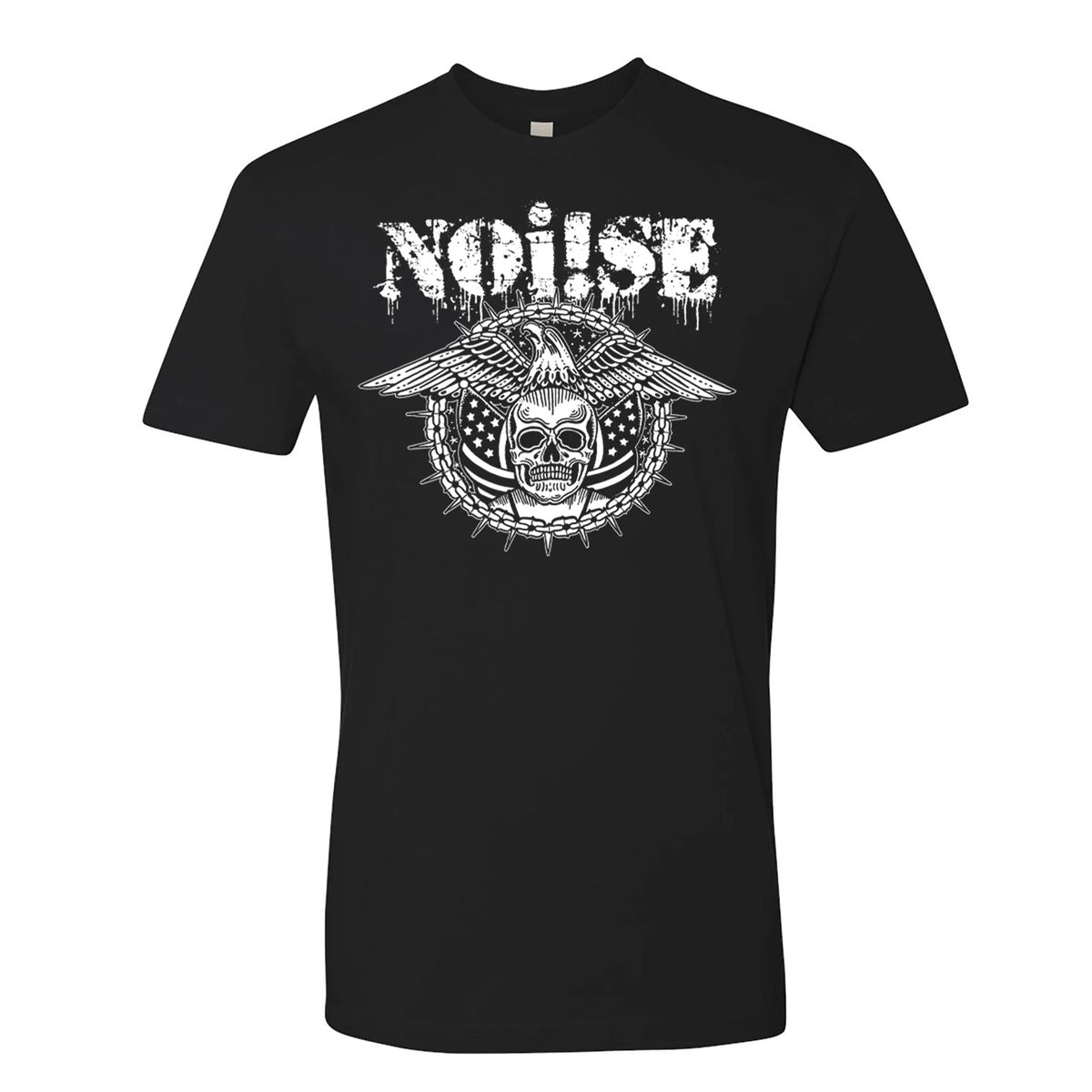 The black unisex NOi!SE T-shirt showcases the Skull Eagle Logo: a white graphic with “NOi!SE” above a mohawk skull, crossed bats, wings, and spikes. Printed on premium Next Level #3600 fabric.
