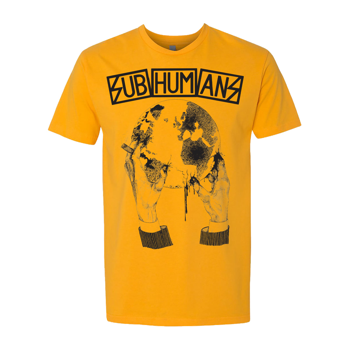 A gold Subhumans shirt from Next Level with bold black lettering and an illustration of hands holding a melting skull.