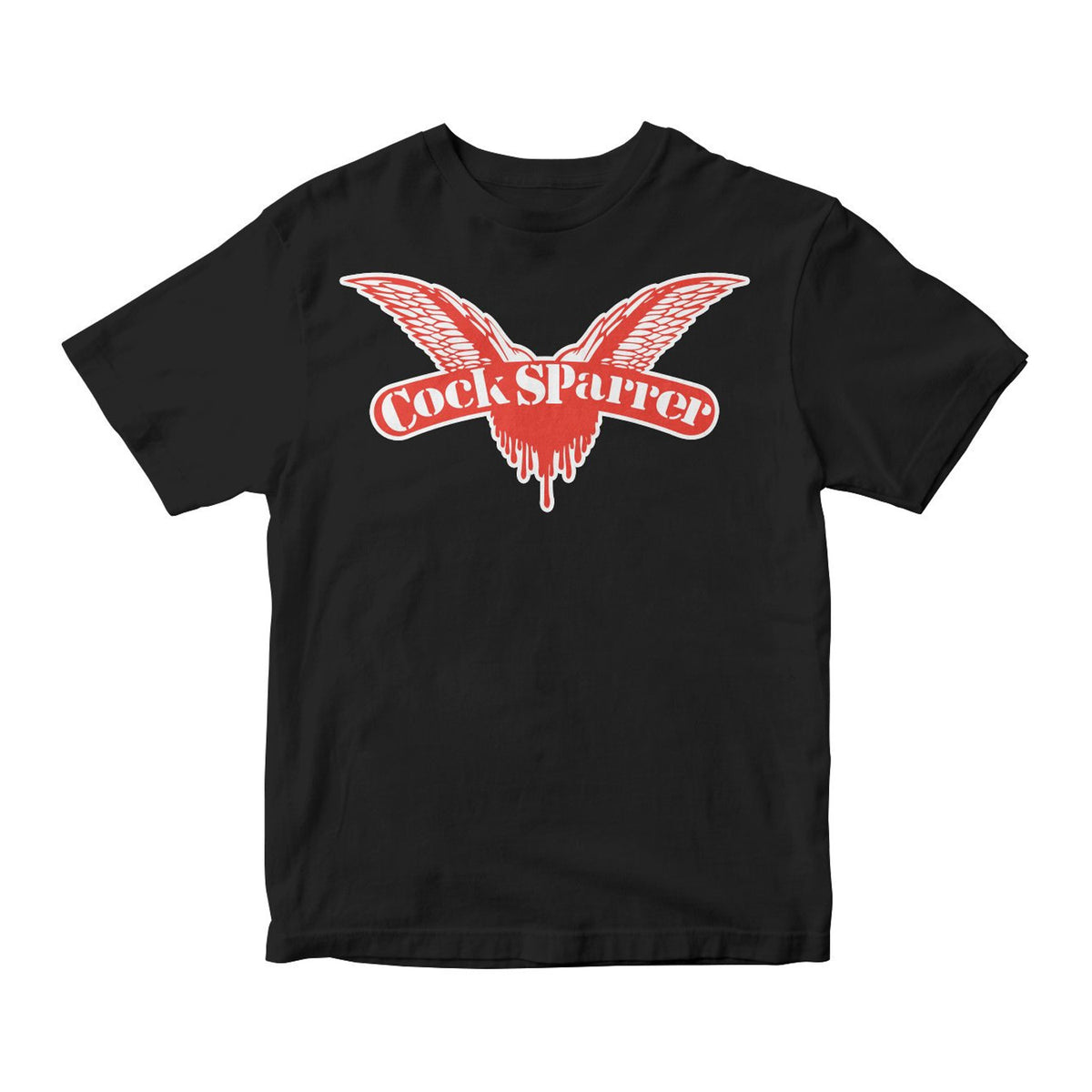 Black Gildan Heavy Cotton T-shirt by Cock Sparrer featuring a red stylized bird with outstretched wings and Cock Sparrer in bold white letters across the wings.