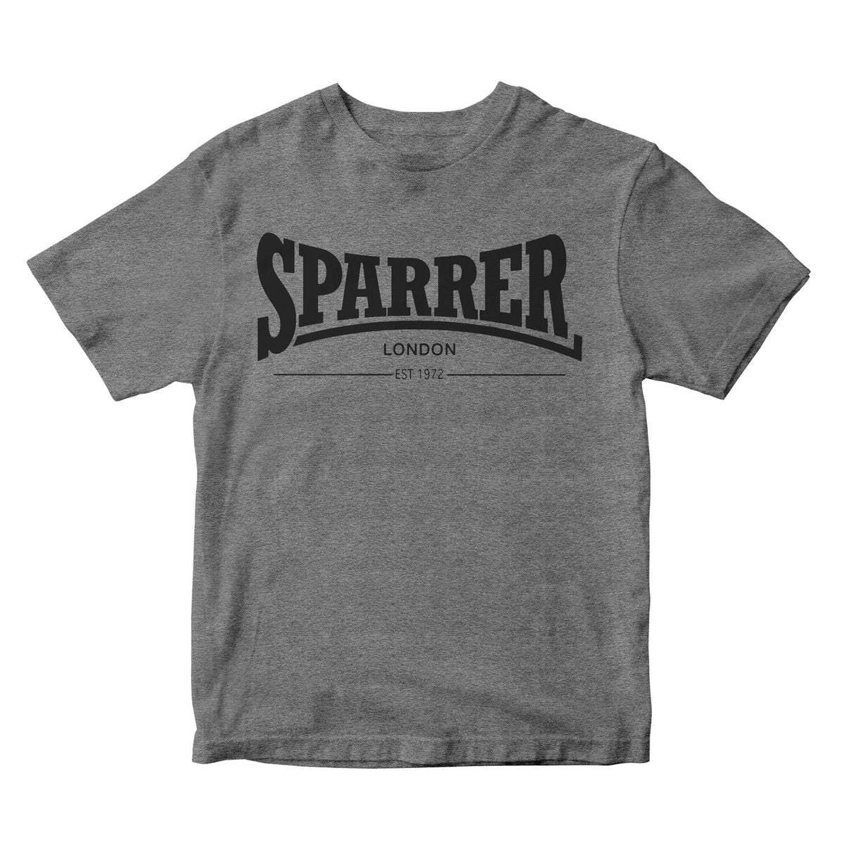 Cock Sparrer gray Next Level 6010 shirt with bold black SPARRER arched text, LONDON EST. 1972 underneath, and a curved underline—an essential Cock Sparrer London tee for fans.