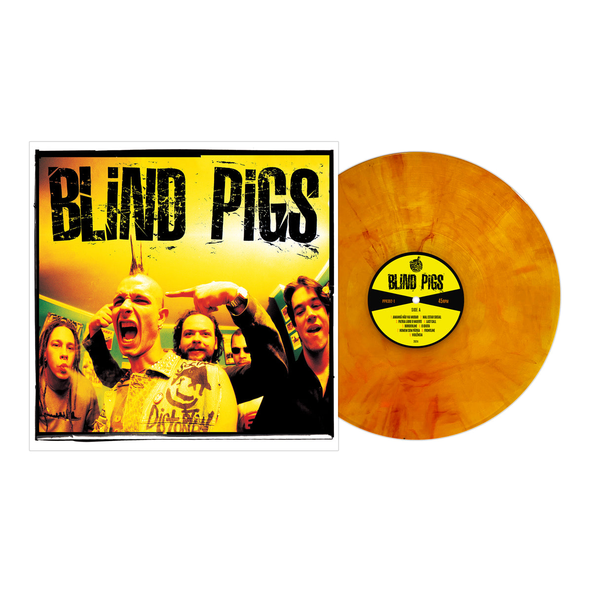 A yellow marbled vinyl record by Blind Pigs is shown next to its album cover, which features the five São Paulo streetpunk band members yelling and smiling against a yellow background with their brand name in bold black letters.