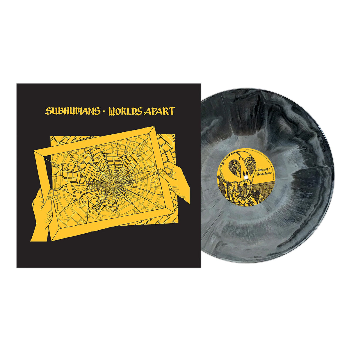 Subhumans Worlds Apart: Marbled gray vinyl with bold yellow label, plus album cover featuring yellow hands gripping a shattered window on black.