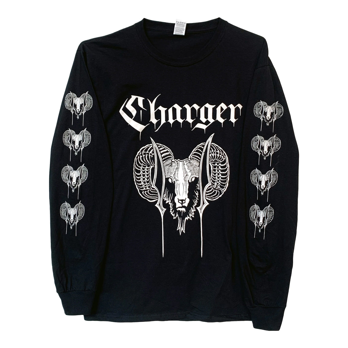 The Charger black longsleeve shirt features gothic white Charger text above a ram skull graphic and repeated ram skulls on the sleeves, all printed for comfort and style on a Fruit of the Loom #4930.