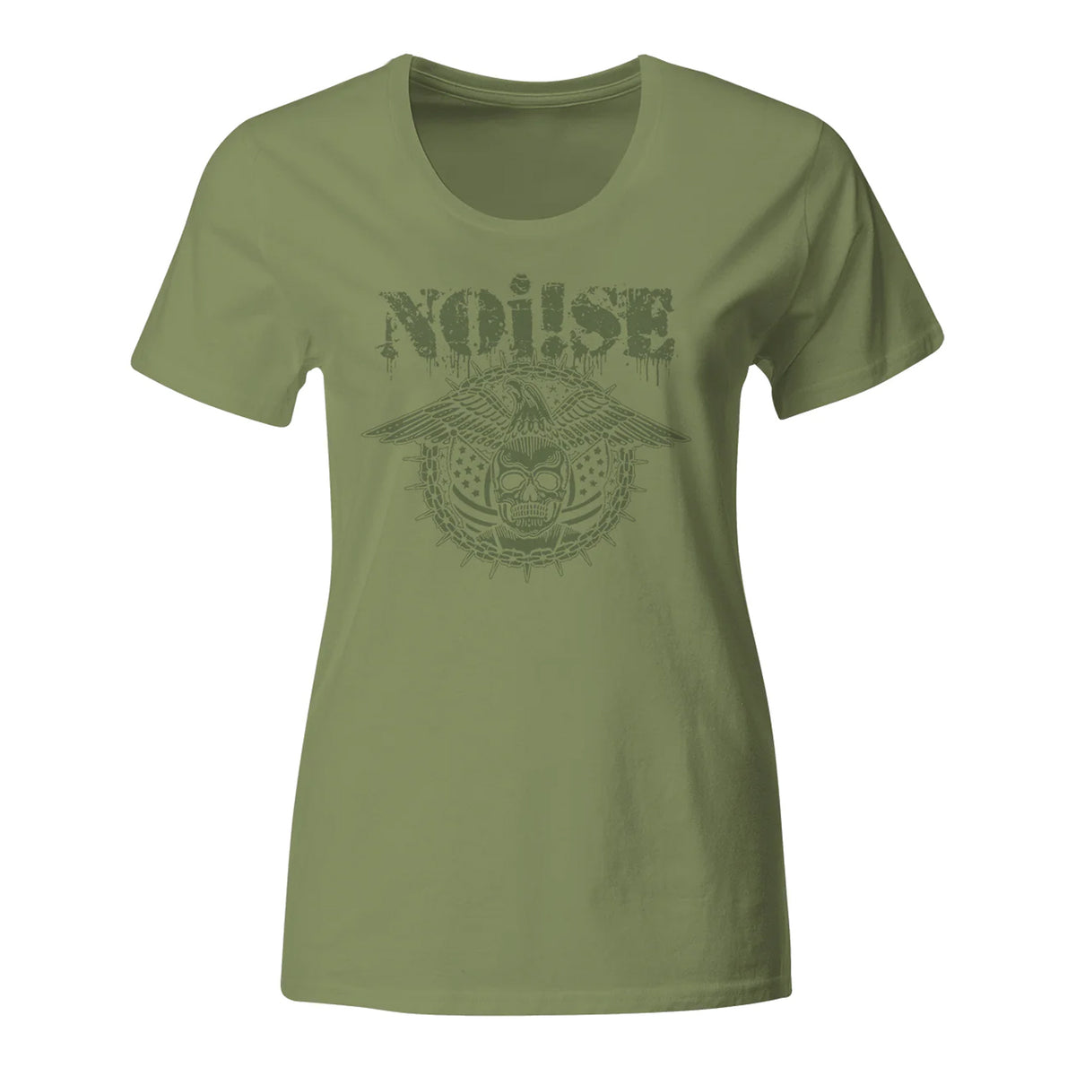 Light green fitted women’s T-shirt from NOi!SE featuring a distressed “NOISE” graphic above a tribal mask with circular patterns and spikes—a unique green band tee.