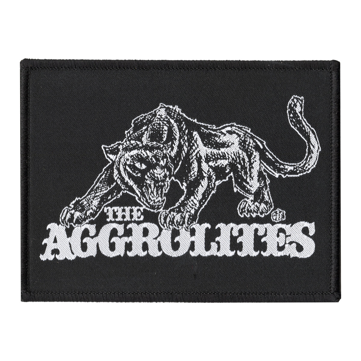 A black woven patch showcases a white illustration of a snarling, crouching panther above bold THE AGGROLITES text. Official merch for The Aggrolites, this iconic design is perfect for fans and collectors.