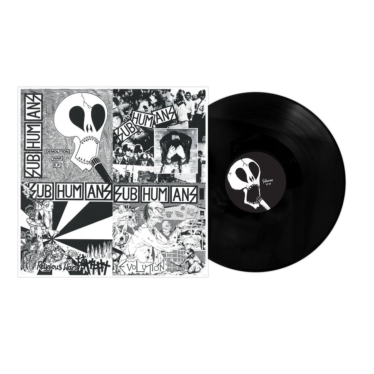 A black vinyl partially slides from a monochrome punk cover with collage art, Subhumans band name, and large skull. This classic Anarcho-Punk release is the EP-LP by Subhumans.