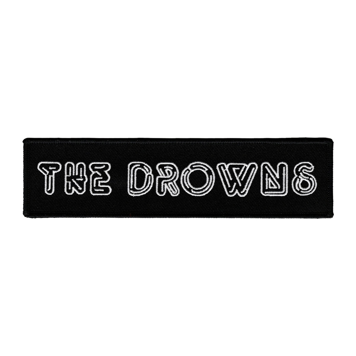 A black rectangular patch with The Drowns brand name in bold, white-outlined stylized letters, creating a striking neon logo effect.