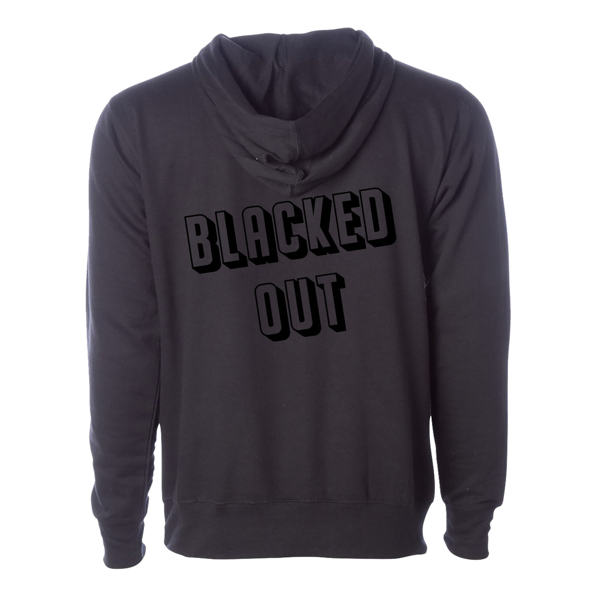 Black hooded sweatshirt by The Drowns, seen from the back, features bold BLACKED OUT text in large black uppercase letters across the back—a standout piece perfect for making a statement.