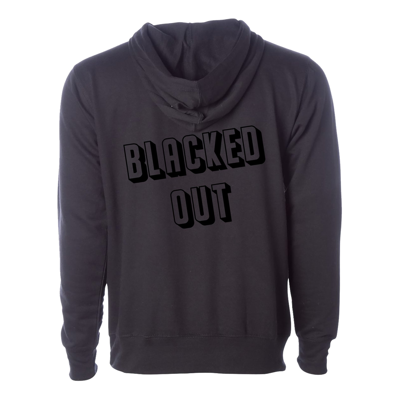 Black hooded sweatshirt by The Drowns, seen from the back, features bold BLACKED OUT text in large black uppercase letters across the back—a standout piece perfect for making a statement.