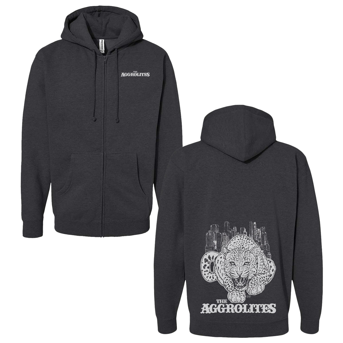 A charcoal heather hoodie by The Aggrolites featuring their logo on the front left chest and a bold jaguar with cityscape graphic and text on the back.