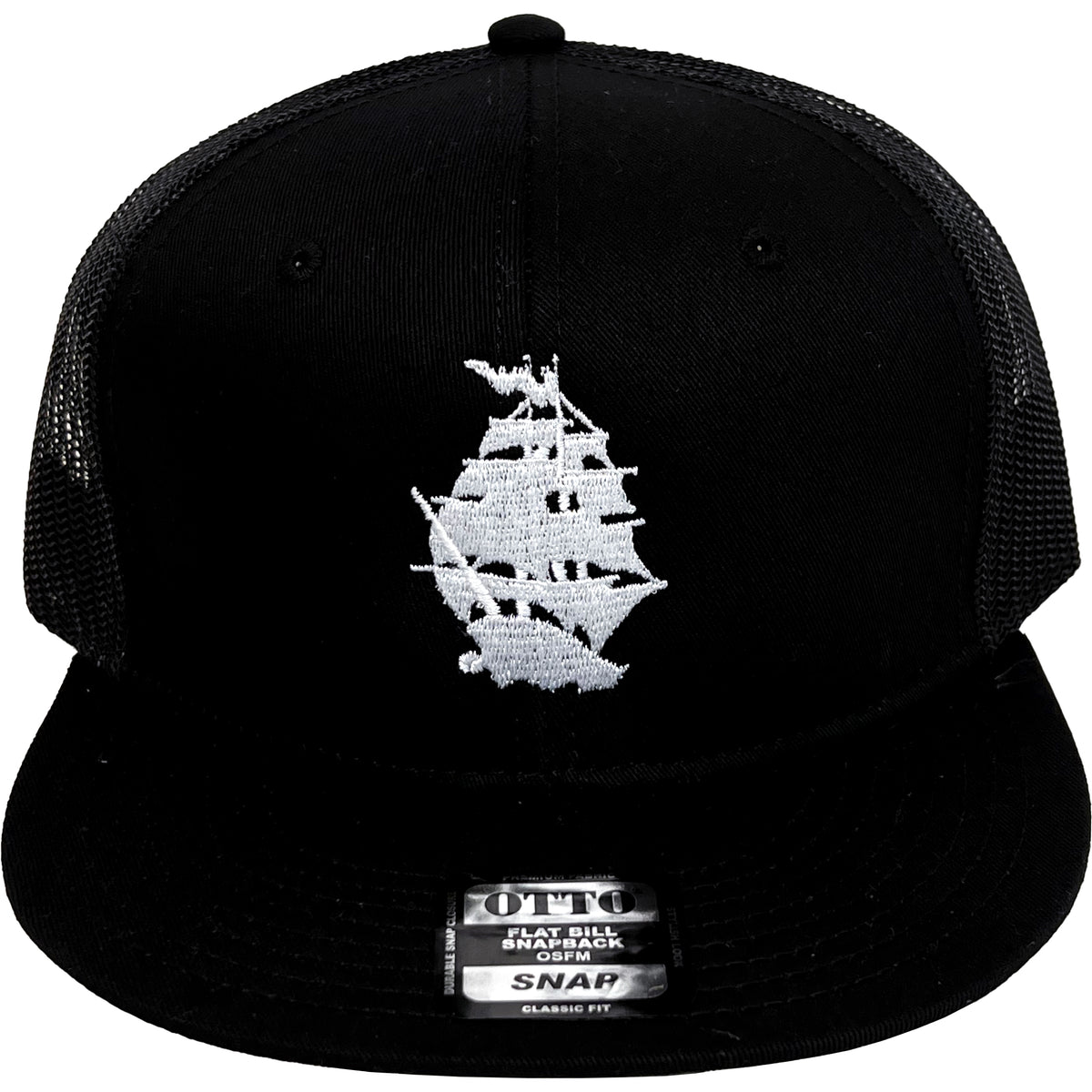 A black Otto snapback hat from Pirates Press Records with a white embroidered ship logo on the front, mesh back, flat bill, and OTTO SNAP sticker—a must-have for any collection.