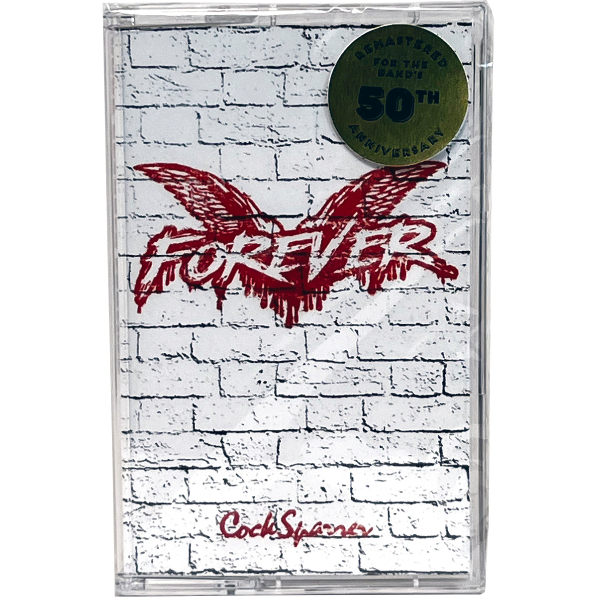 A cassette tape titled Forever celebrates the legendary band Cock Sparrer, featuring red winged text on a white brick wall. A gold sticker reads Earths 50th Anniversary, with Cock Sparrer in red script at the bottom.