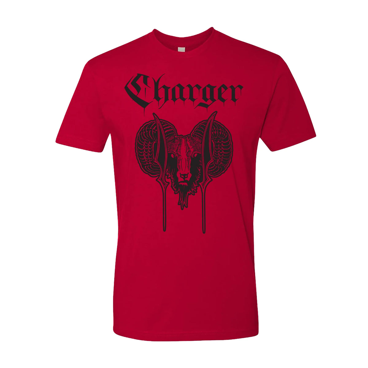 A red Charger T-shirt featuring black gothic Charger text above a bold Ram graphic with large, curled horns and dripping lines, printed on premium Next Level 3600 cotton.