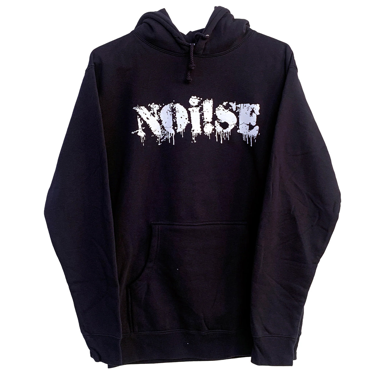 A black NOi!SE hoodie (IND4000) with front pocket and NOISE in white drippy graffiti-style font across the chest—also comes as a navy blue sweatshirt or classic NOi!SE sweatshirt.