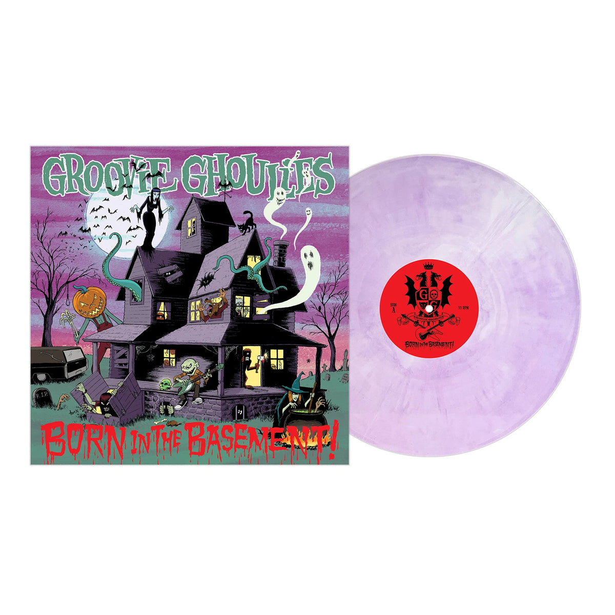 Groovie Ghoulies’ Born in the Basement album cover features a haunted house with ghosts and monsters, alongside a purple and white marbled vinyl record with a red center label.