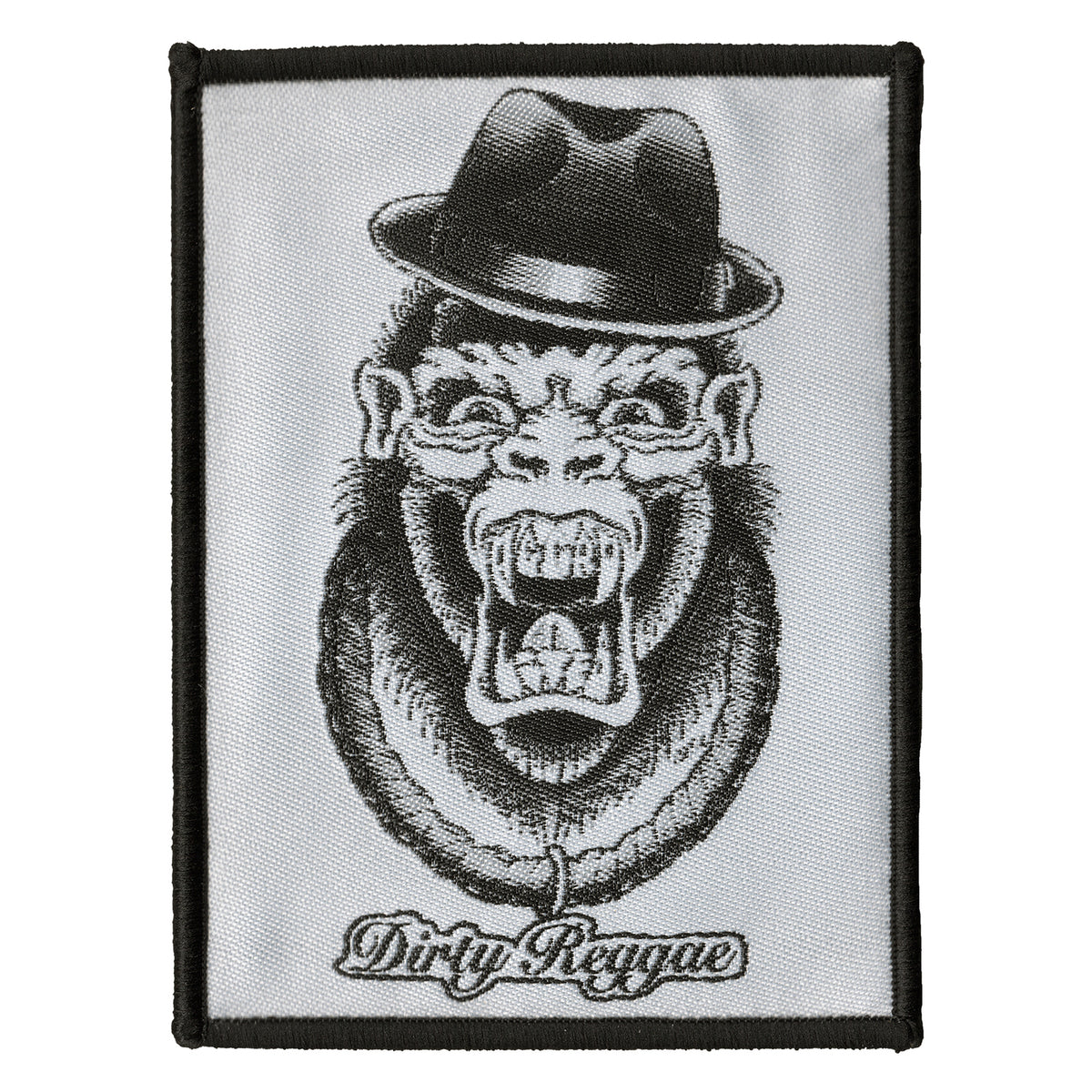 A monochrome The Aggrolites patch displays a roaring gorilla in a fedora and glasses, with &quot;Dirty Reggae&quot; in stylized script beneath the illustration.