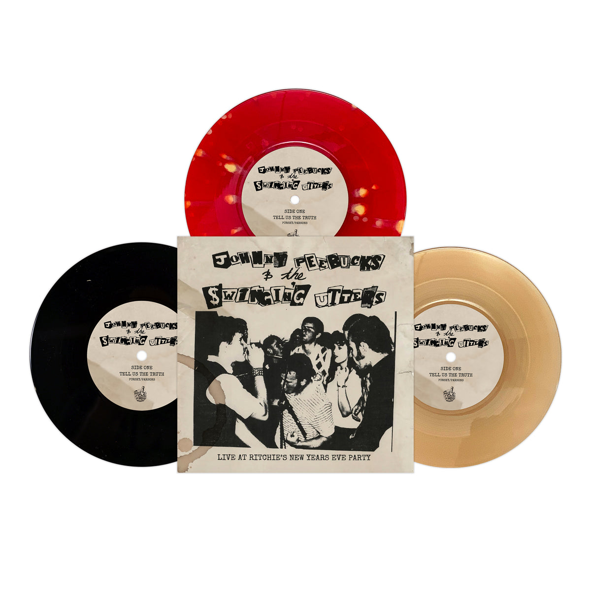 Three vinyl records—black, red, and gold—are arranged around an album cover featuring a black-and-white photo of people celebrating. The BOOTSnBOOZE cover reads: Johnny Peebucks &amp; The Swingin Utters: Live at Ruthies New Years Eve Party in Santa Cruz.
