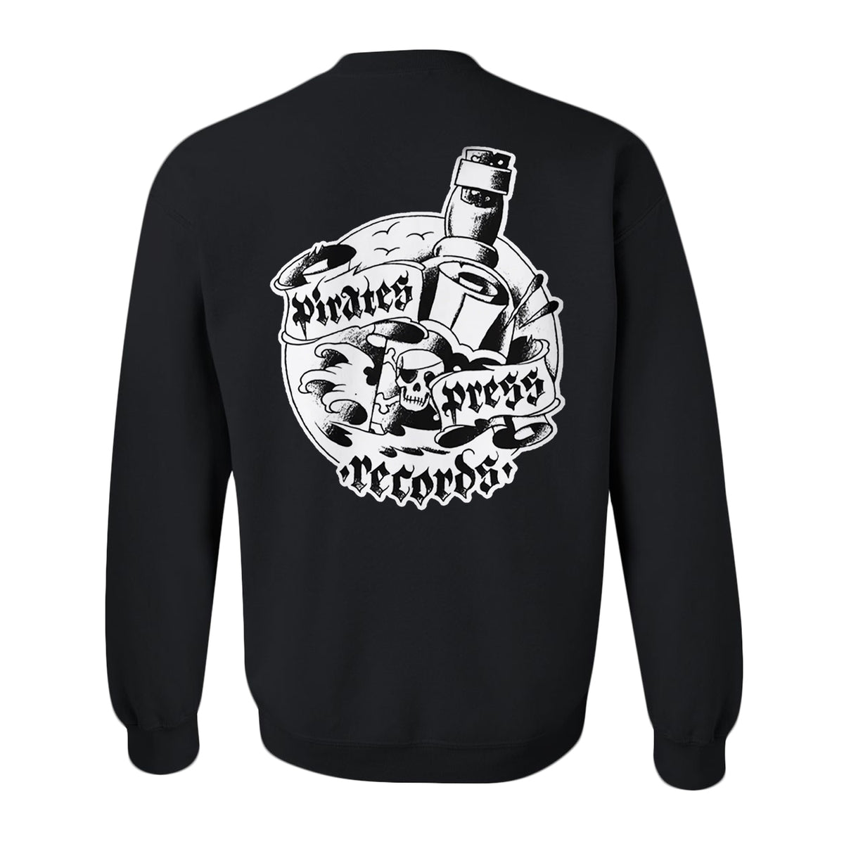 A black Pirates Press Records sweatshirt featuring white text.