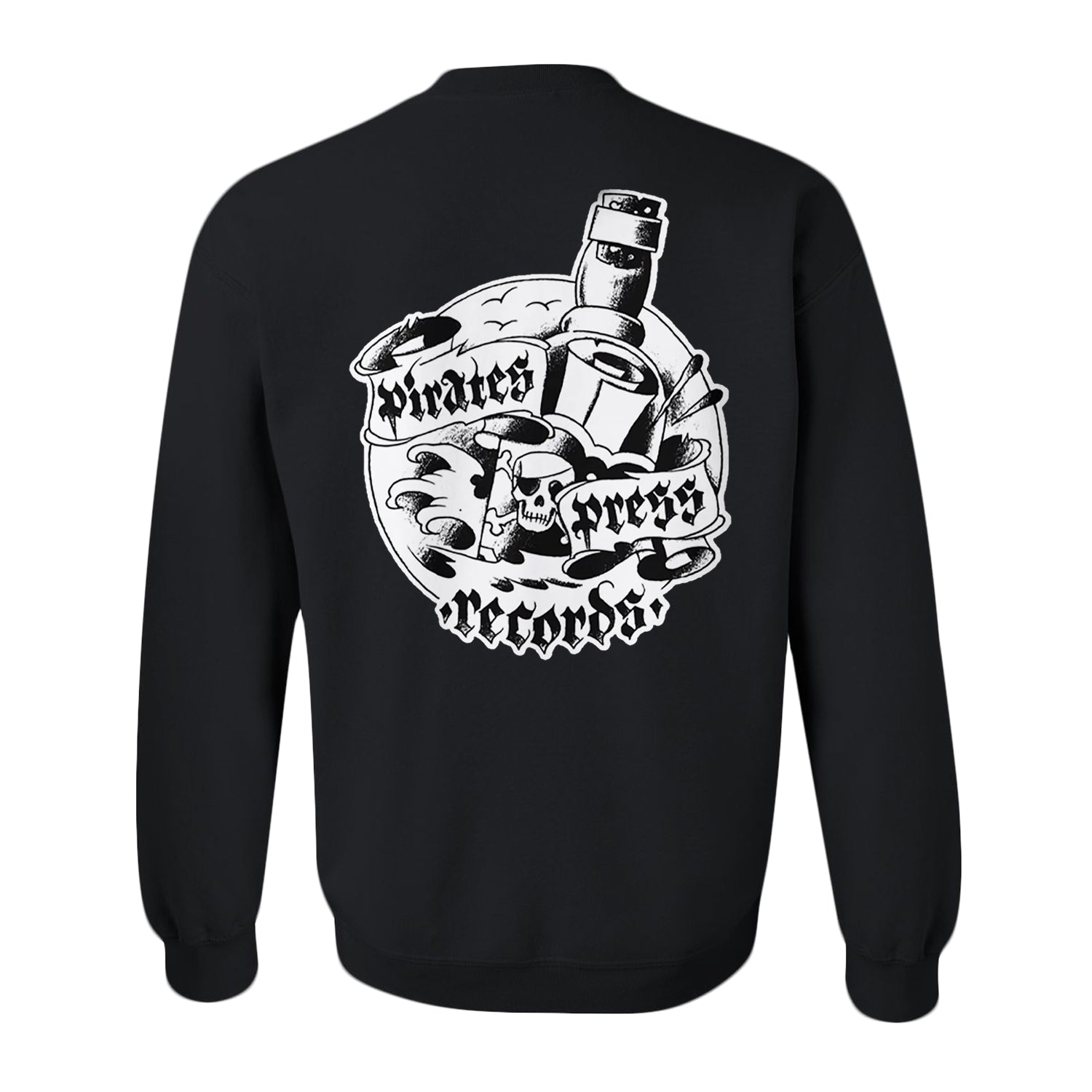 A black Pirates Press Records sweatshirt featuring white text.