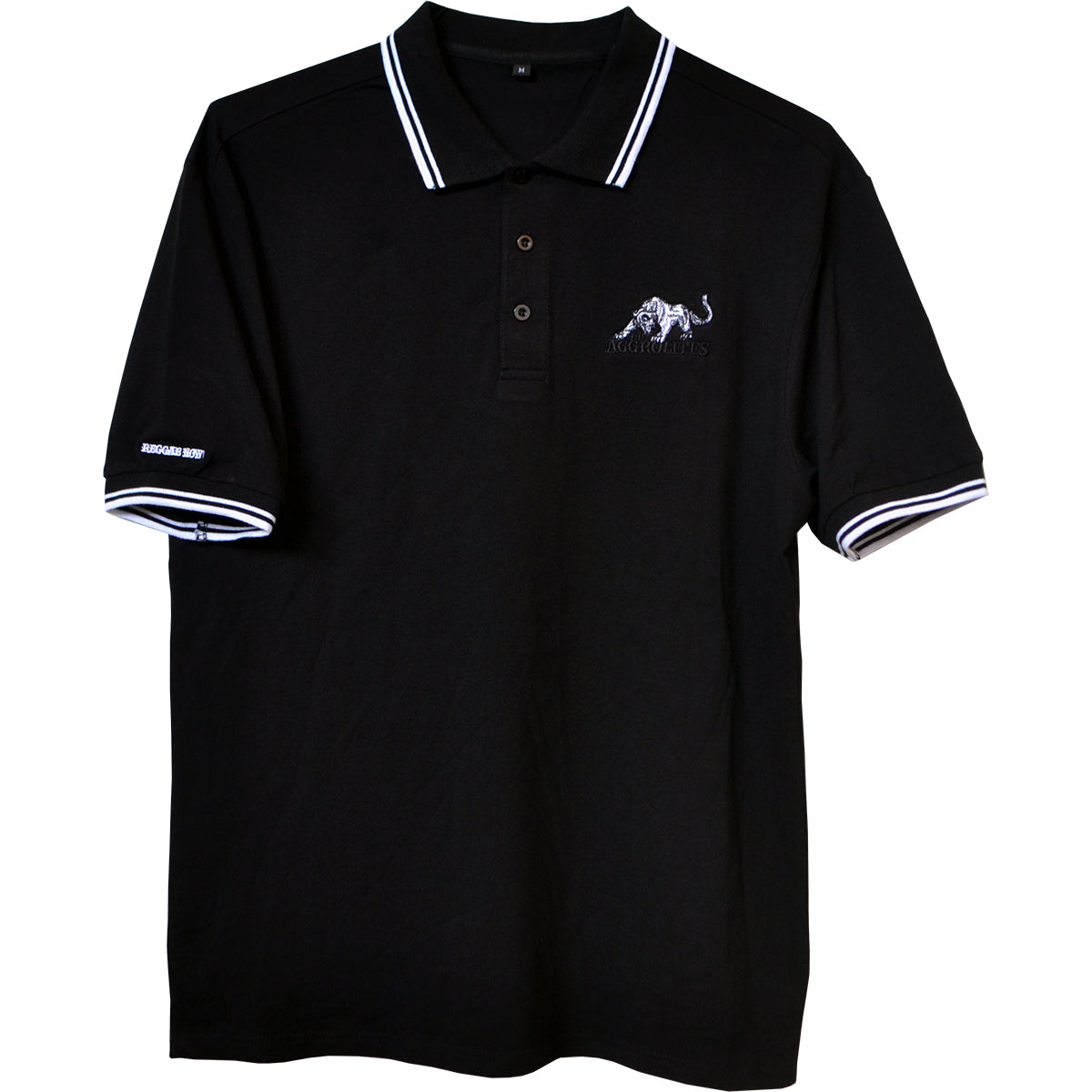 A black The Aggrolites polo with white stripes on the collar and sleeves, featuring embroidered lion logo and text on the left chest and right sleeve—a standout piece for any reggae-inspired wardrobe.