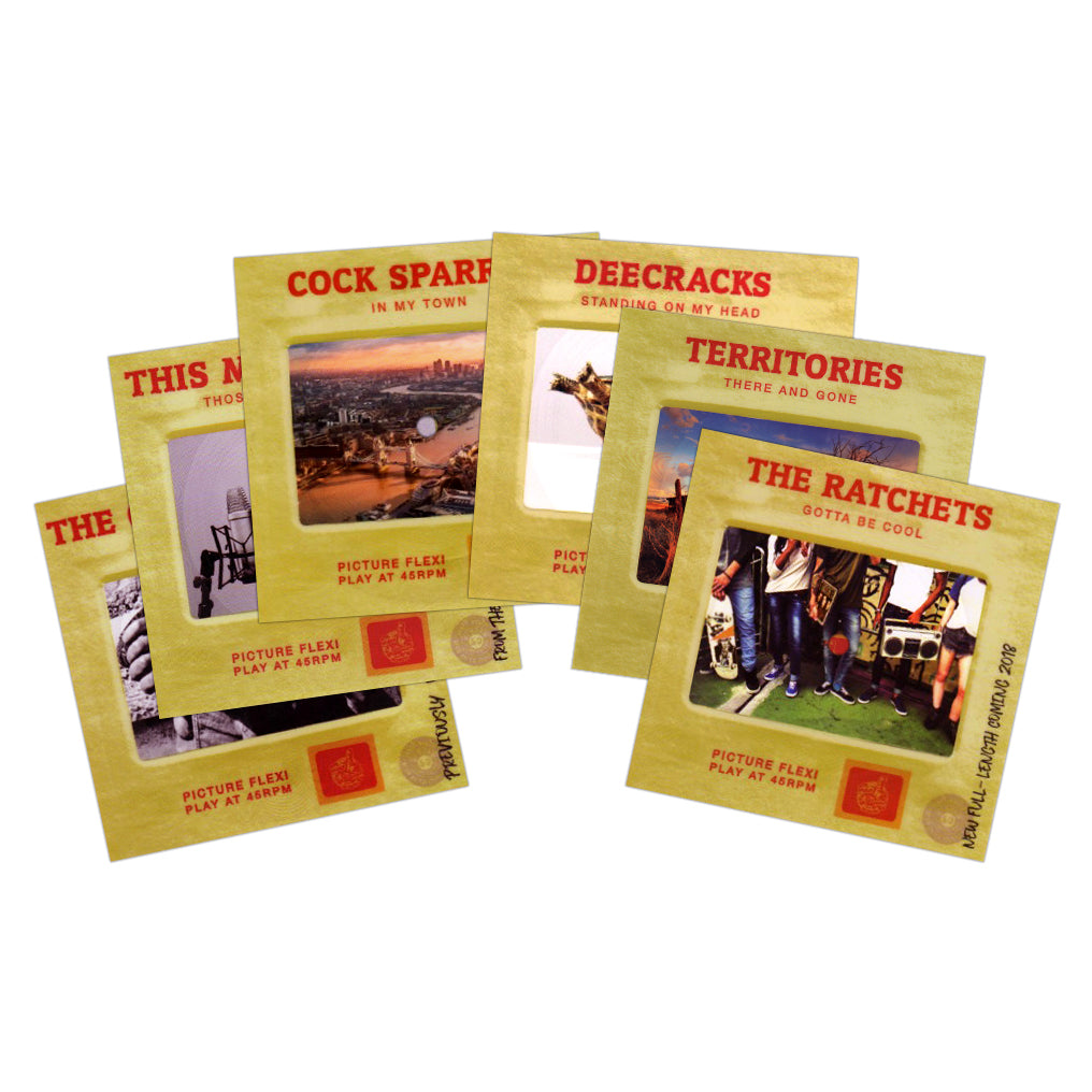 Six yellow-sleeved vinyl flexi discs from Pirates Press Records, each with a unique band name and photo—featuring Cock Sparrer, DeeCRACKS, The Ratchets, Territories, and This Means War!.