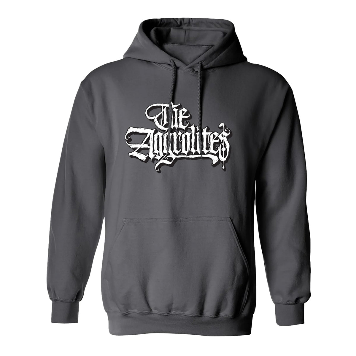 A dark gray Gildan charcoal hoodie with a front pocket and white gothic-style text on the chest that reads The Aggrolites.