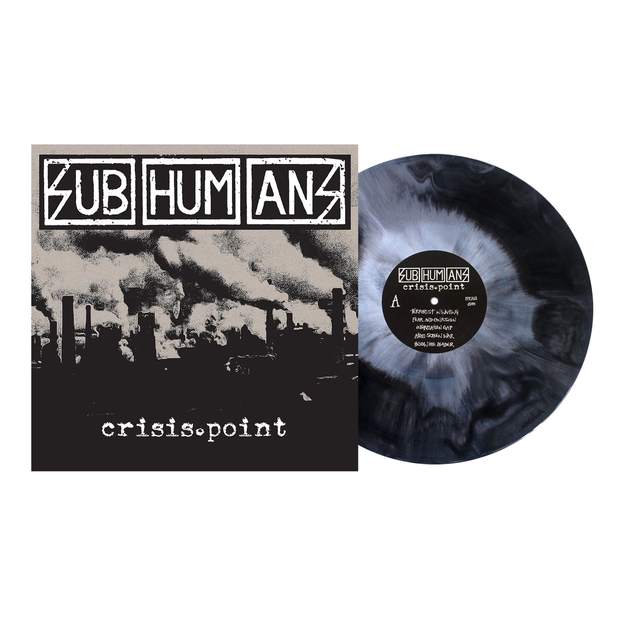 A black and gray marbled vinyl record by Subhumans sits next to its album cover, which features a black-and-white industrial scene with smokestacks.