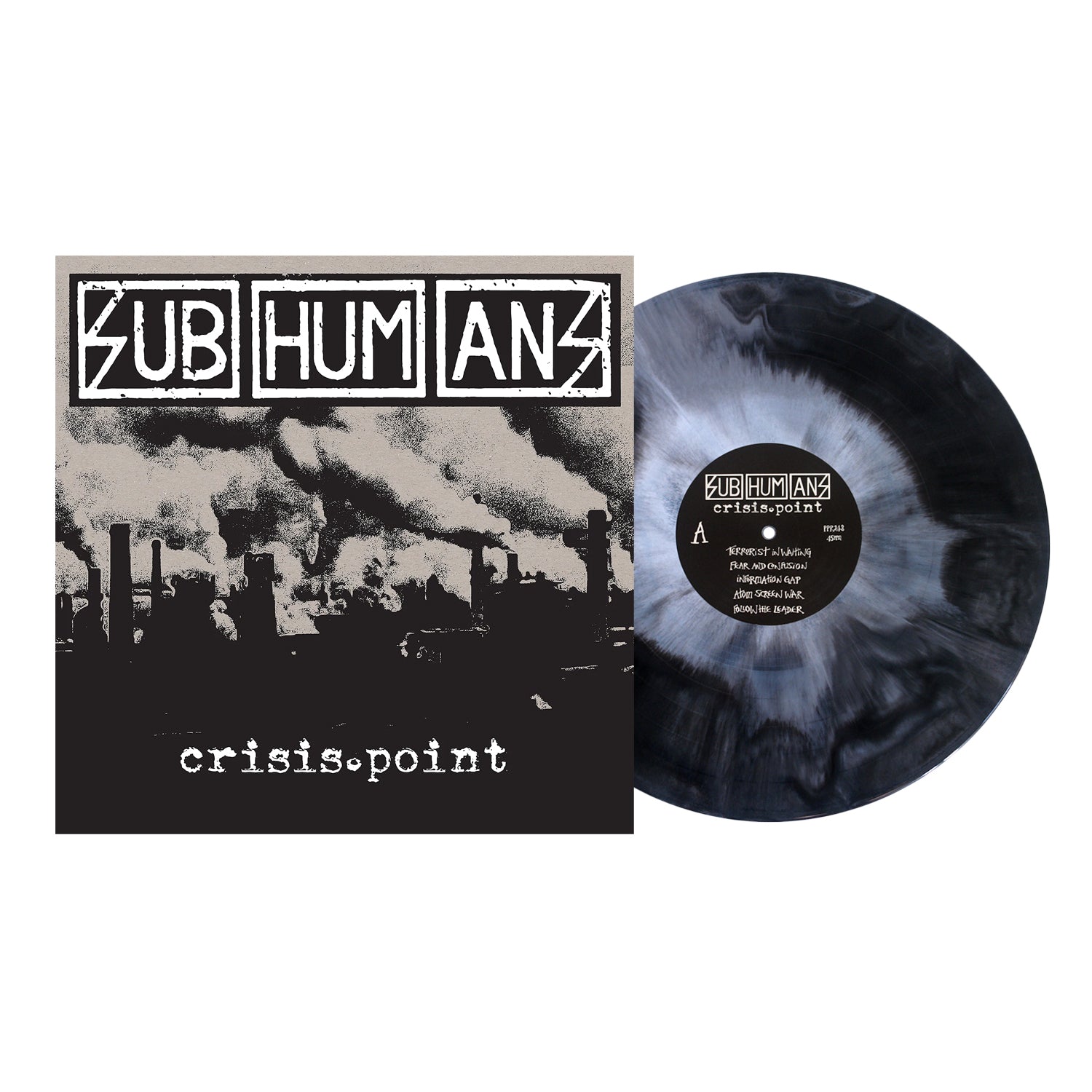 A black and gray marbled vinyl record by Subhumans sits next to its album cover, which features a black-and-white industrial scene with smokestacks.