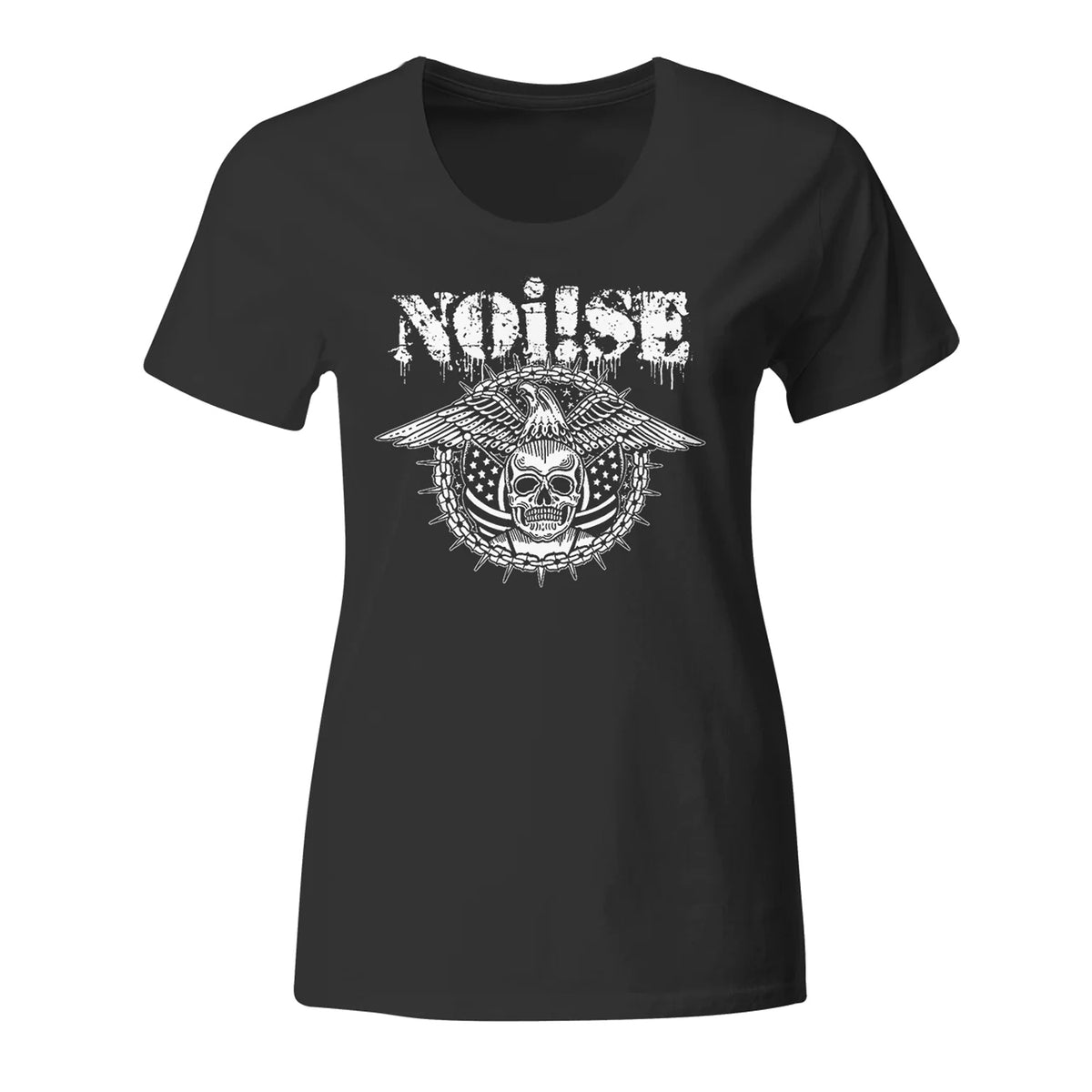 A fitted black NOi!SE band shirt with NOISE in distressed white above a spiked circular design featuring a skull and wings—ideal for fans of the NOi!SE Skull Eagle T-shirt style.