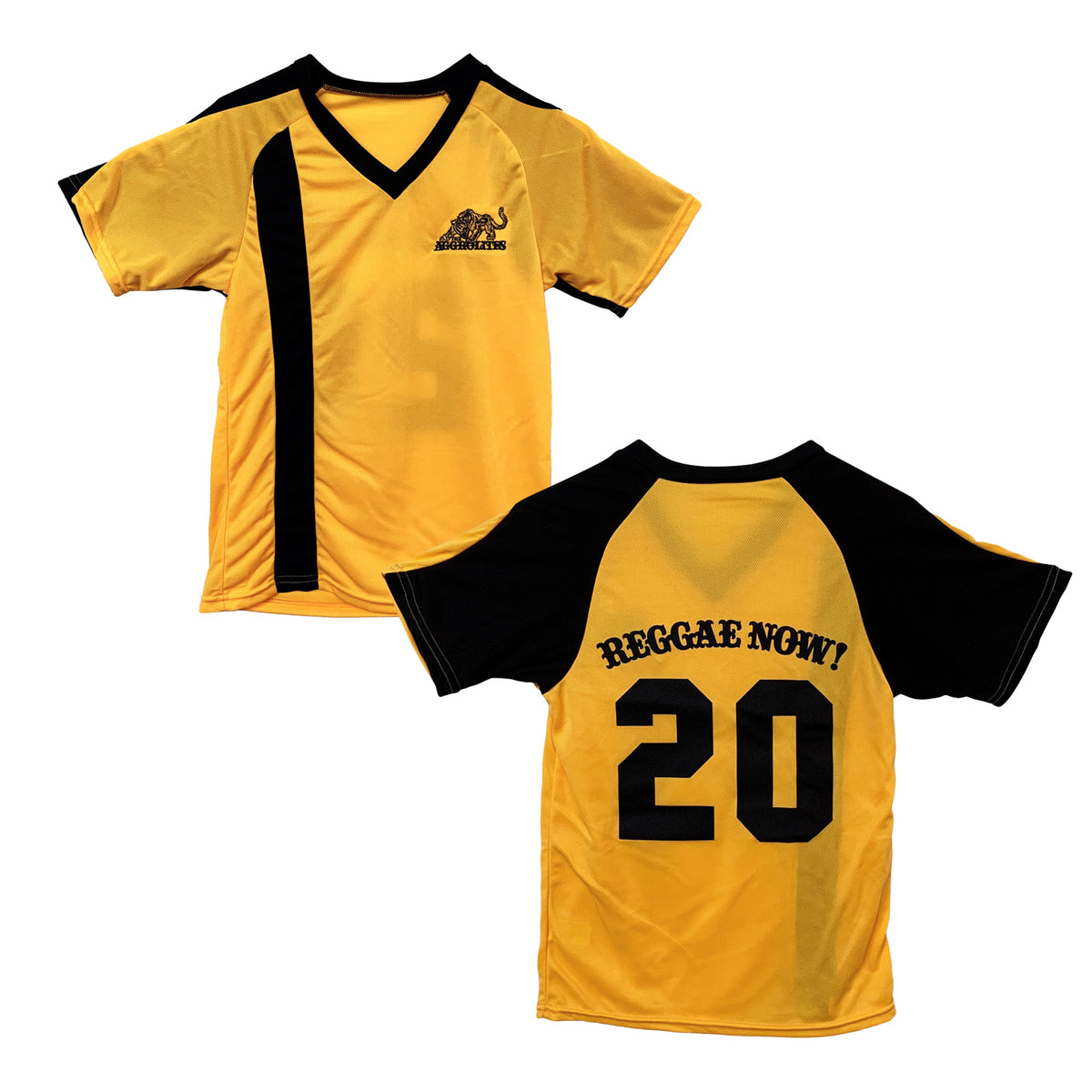 Front and back views of a yellow and black The Aggrolites soccer jersey. The front has a black stripe and Aggropanther logo; the back shows REGGAE NOW! 20 above a large number 20.