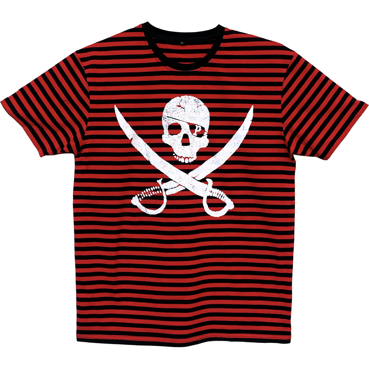 A Pirates Press Records red and black striped T-shirt with a white skull and crossed swords pirate symbol on the front.