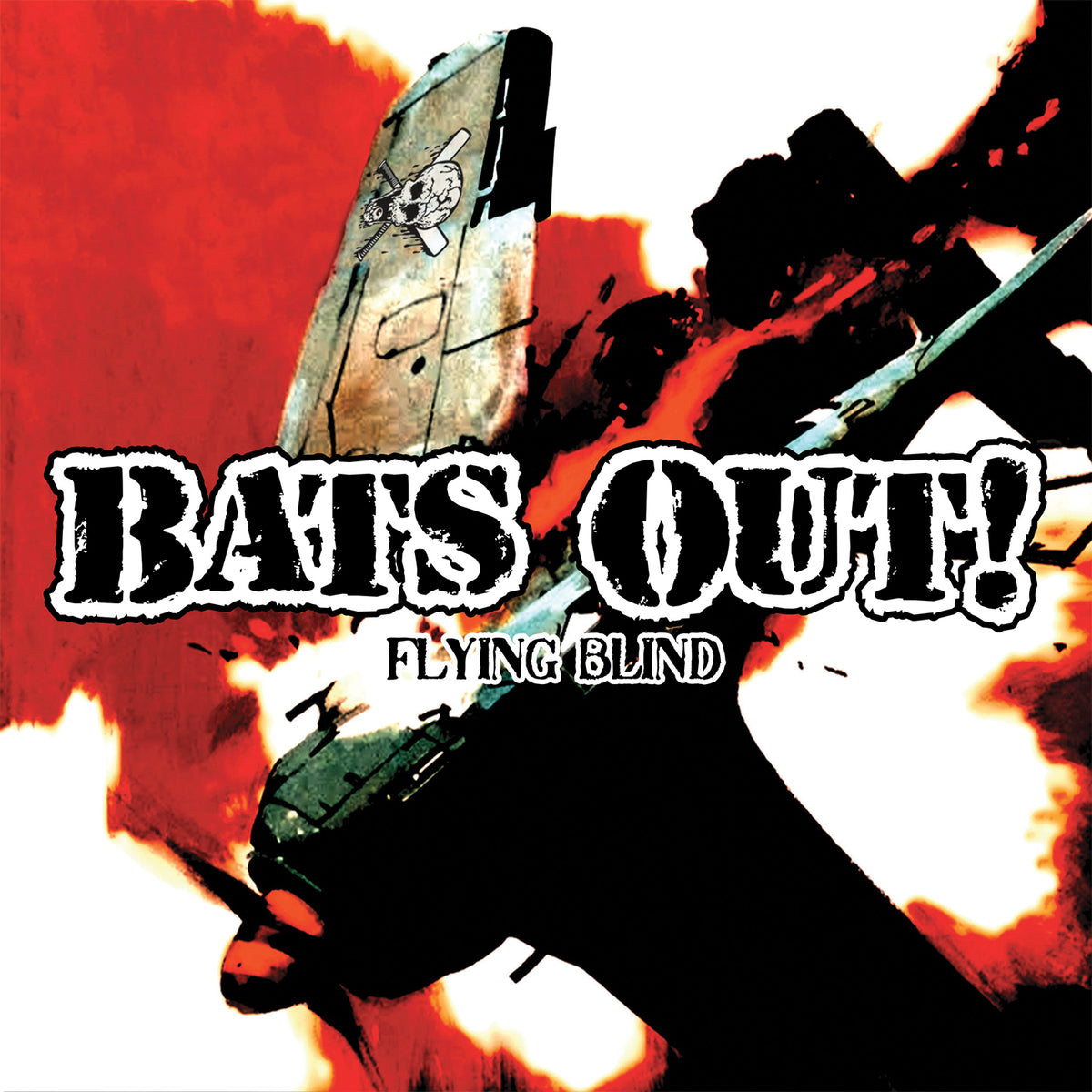 An illustration of a crashed plane with flames and smoke, bold distressed &quot;BATS OUT!&quot; text, and &quot;FLYING BLIND&quot; below. The red, black, and white background reflects the raw energy of Canadian punk brand Bats Out.