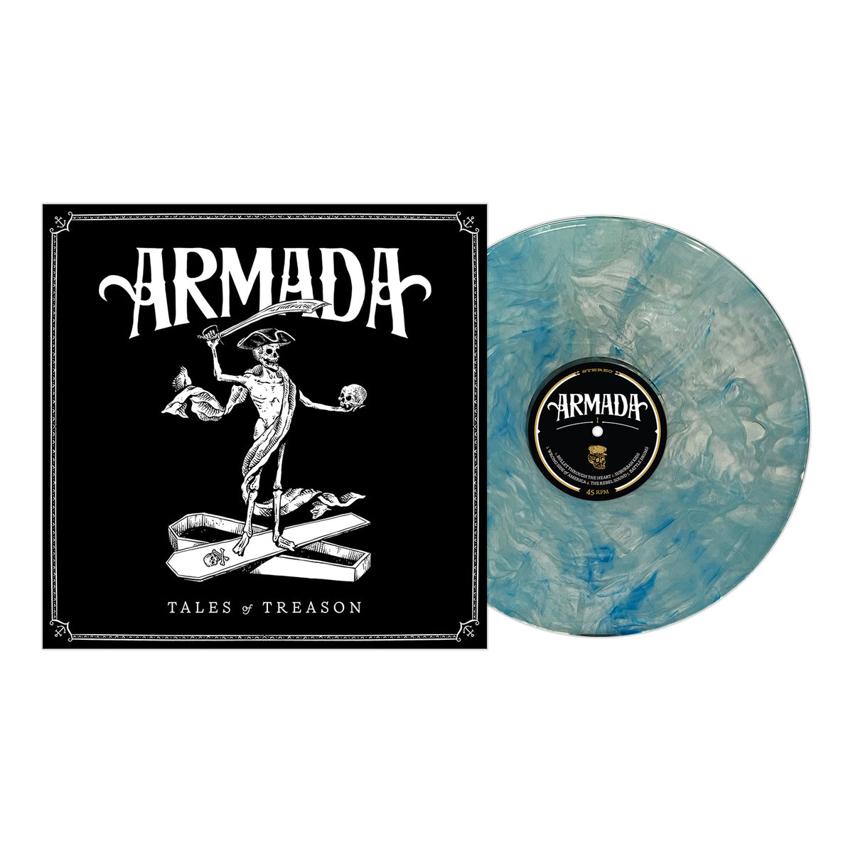 A blue and white marbled vinyl record from Armada rests next to its album cover, which shows a jester balancing a skull and staff atop a scroll labeled &quot;Tales of Treason.