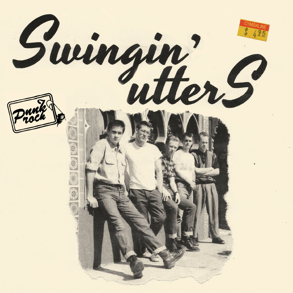 Black-and-white photo of five men leaning against a wall, under bold Swingin’ Utters text. A Punk Rock tag and $4.95 sticker feature on this vintage 7&quot; vinyl cover from BOOTSnBOOZE.