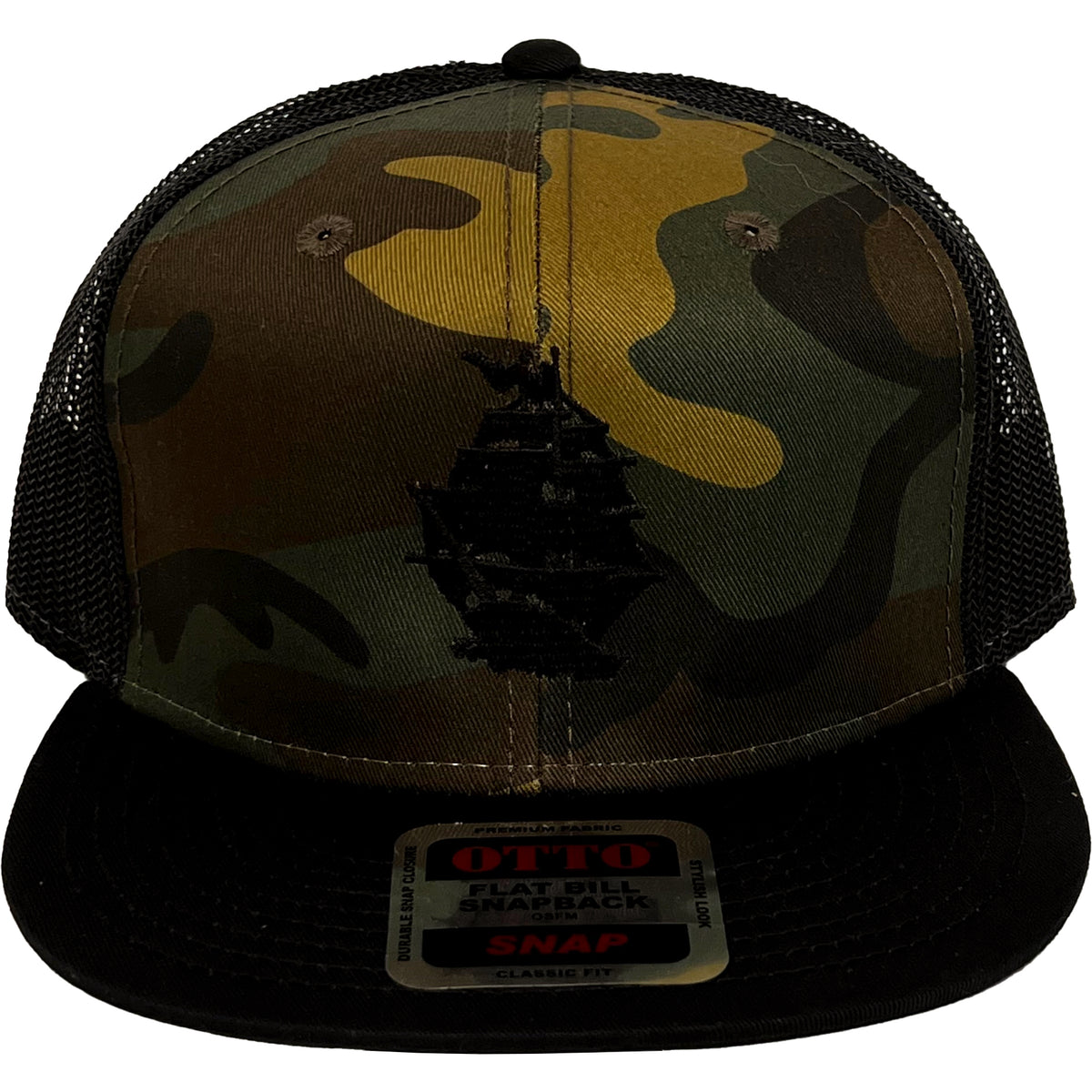 A camo snapback hat from Pirates Press Records featuring a black mesh back, embroidered ship logo on the front, and a brim sticker with &quot;OTTO&quot; and &quot;SNAP.