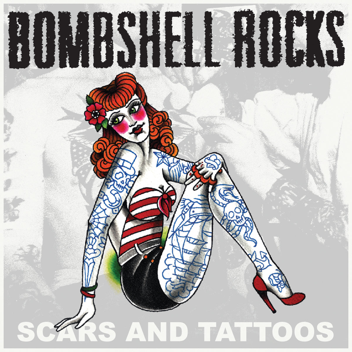 Album cover for Bombshell Rocks: Scars And Tattoos showcases a tattooed, red-haired pin-up woman in a striped top and red heels, seated with one knee up against a black-and-white backdrop—ideal for vinyl collectors.