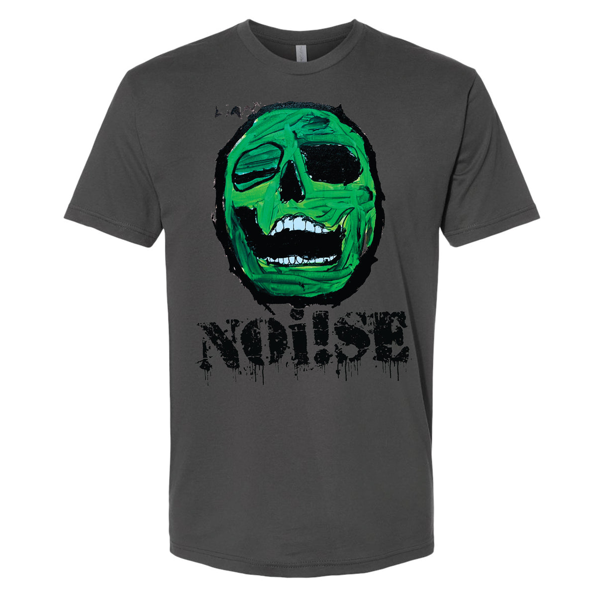 A dark gray NOi!SE t-shirt with a green distorted skull and bold black NOISE text—unique band merchandise on a Next Level 3600 shirt.