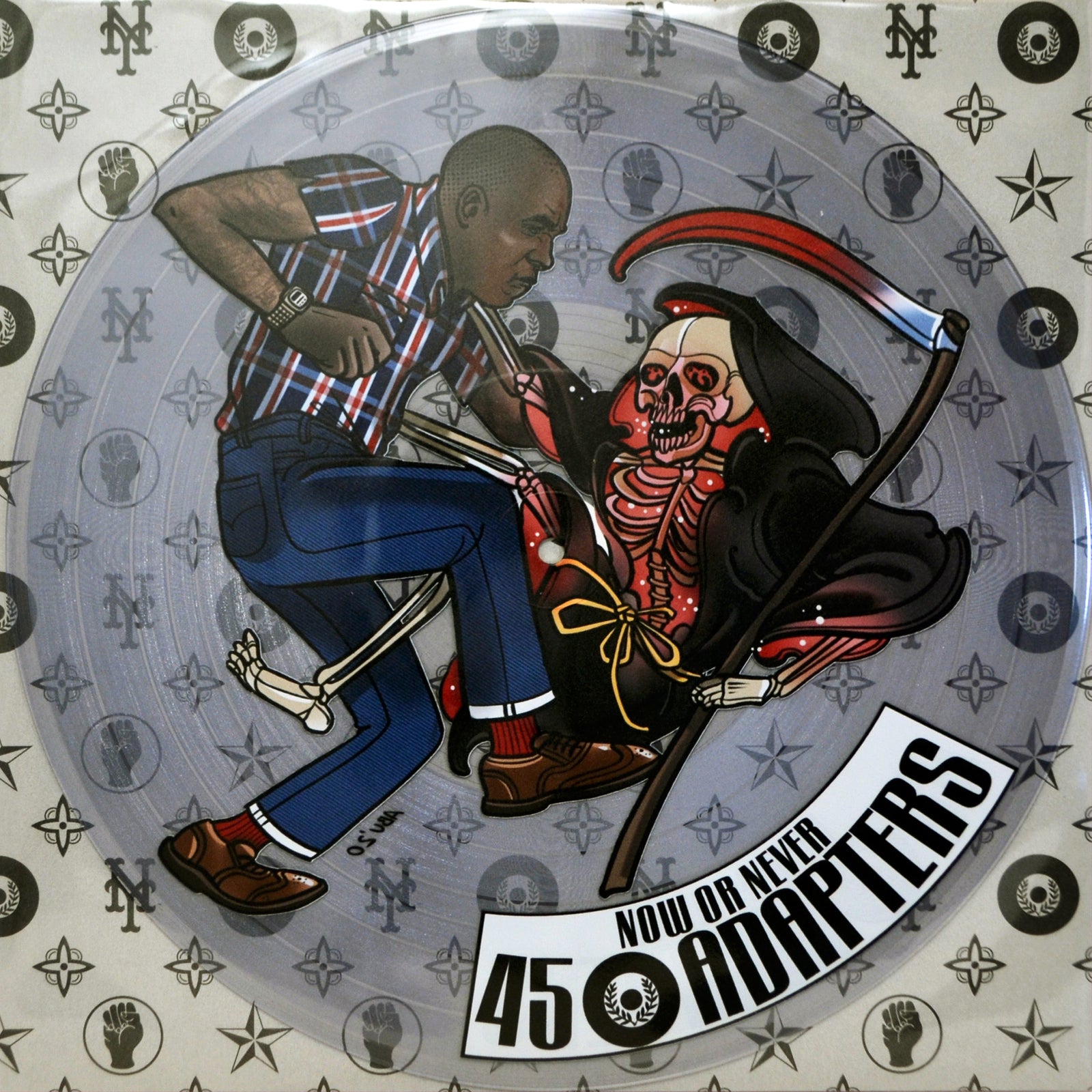 An illustrated man in plaid kicks a red skeleton Grim Reaper with a scythe. Star and fist icons add flair, celebrating the new EP by 45 Adapters on real vinyl, as shown by NOW OR NEVER 45 ADAPTERS at the bottom.