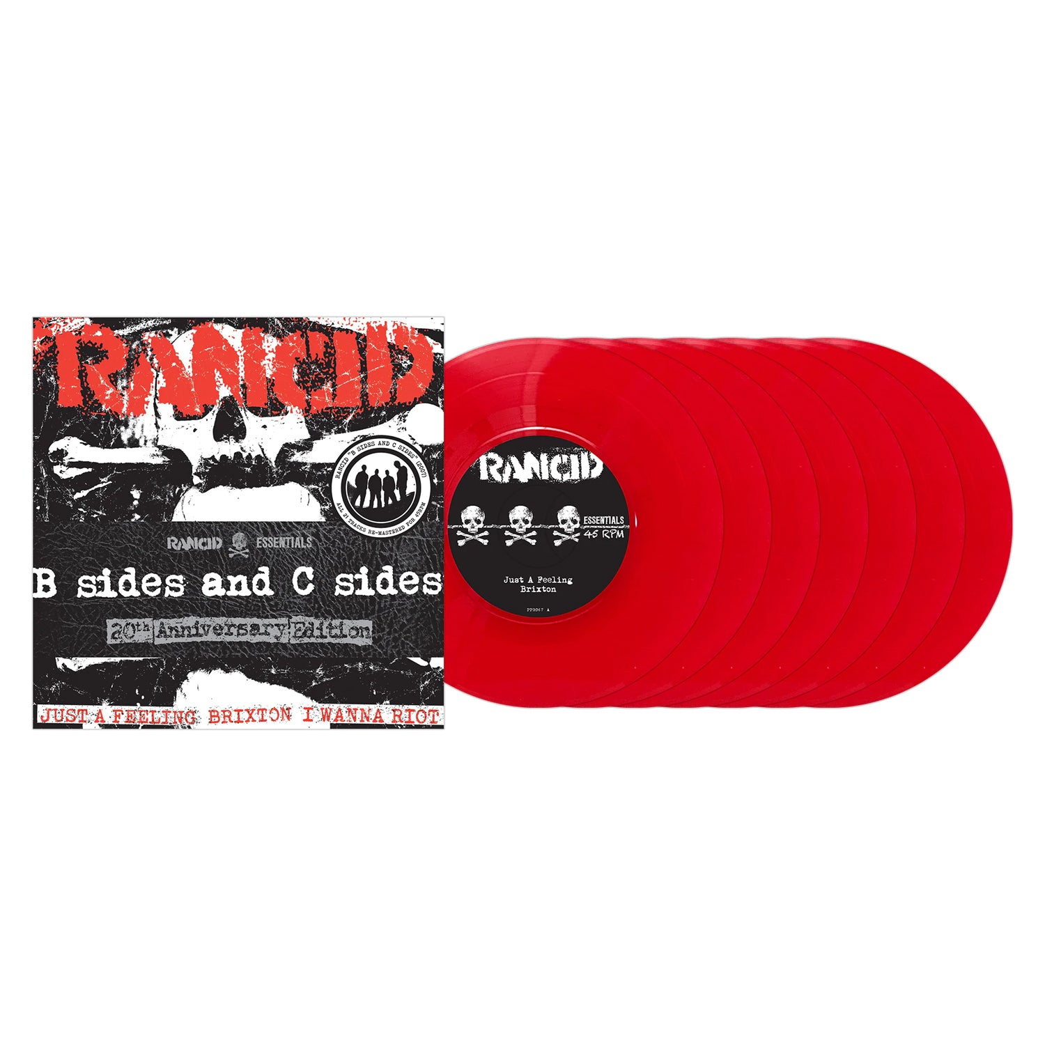 Rancid: B Sides and C Sides 20th Anniversary Edition limited vinyl set features five translucent red re-mastered 45rpm records. The album cover displays a punk rock design in black, white, and red. Brand: Rancid.