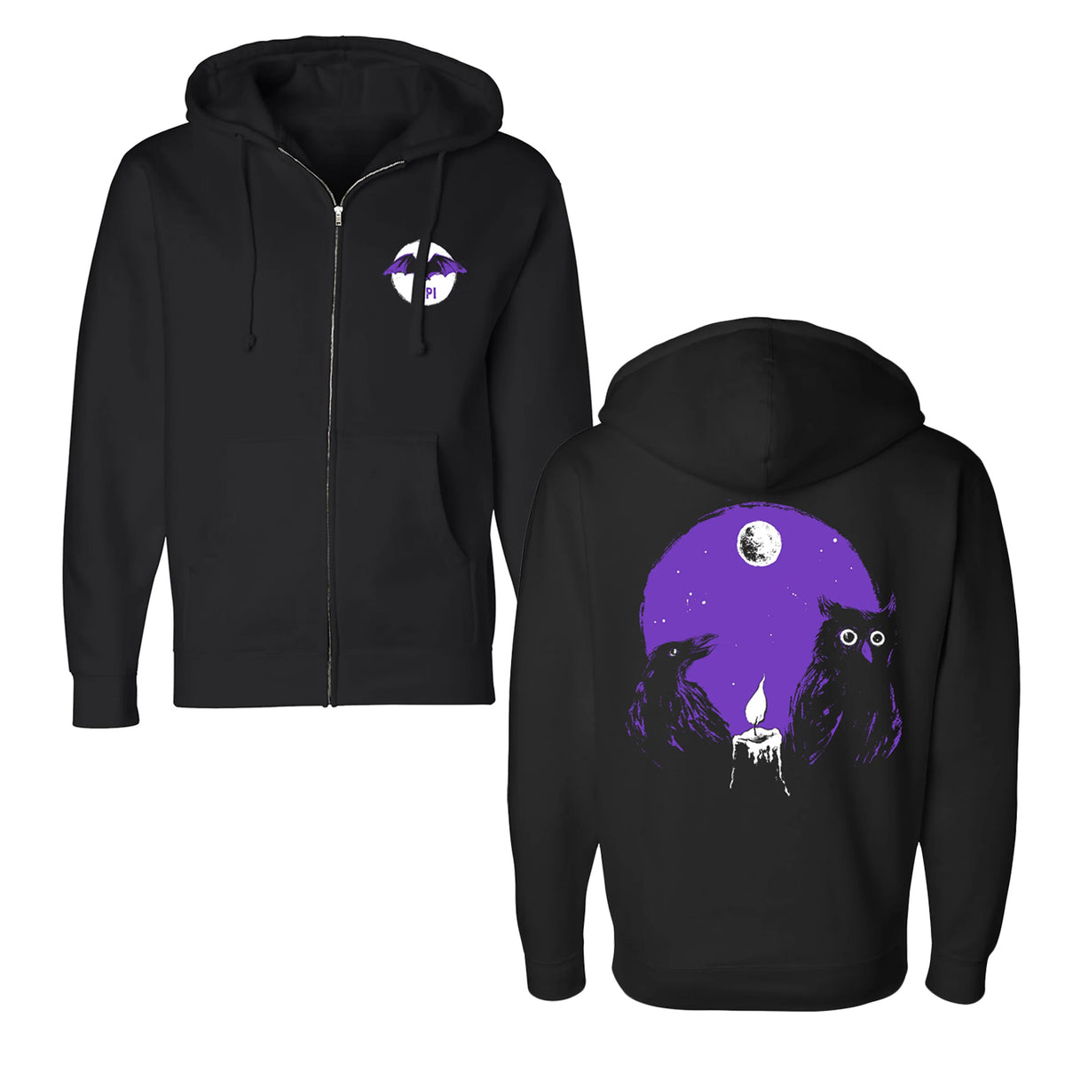 Black zip-up hoodie by Kepi Ghoulie featuring a small purple raven on the front and a bold Full Moon Forever design on the back with two black birds, a white candle, and a full moon in a purple night sky.