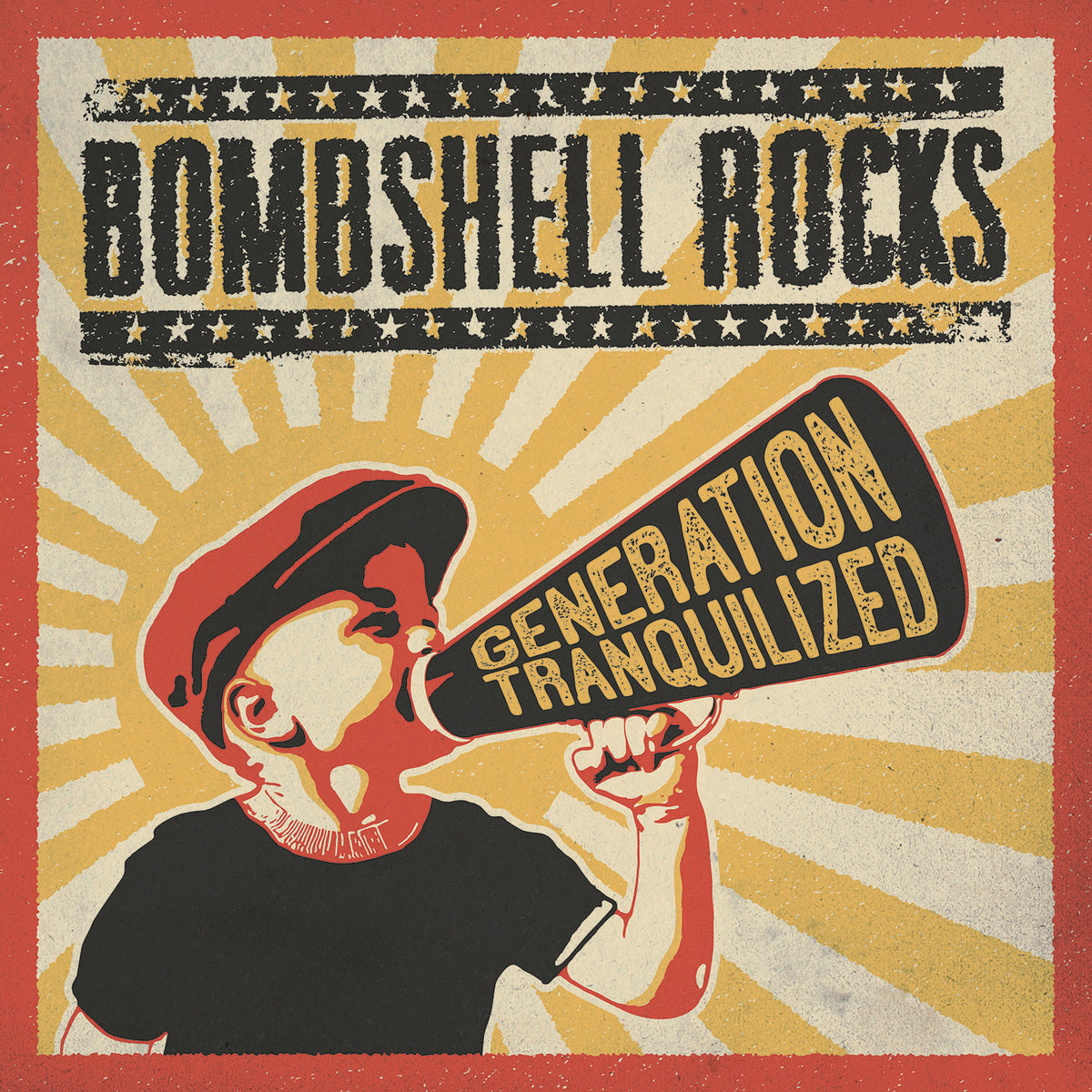 A stylized illustration shows a streetpunk child in a hat shouting into a Generation Tranquilized megaphone, with bold Bombshell Rocks branding above against a vivid red and yellow sunburst background.