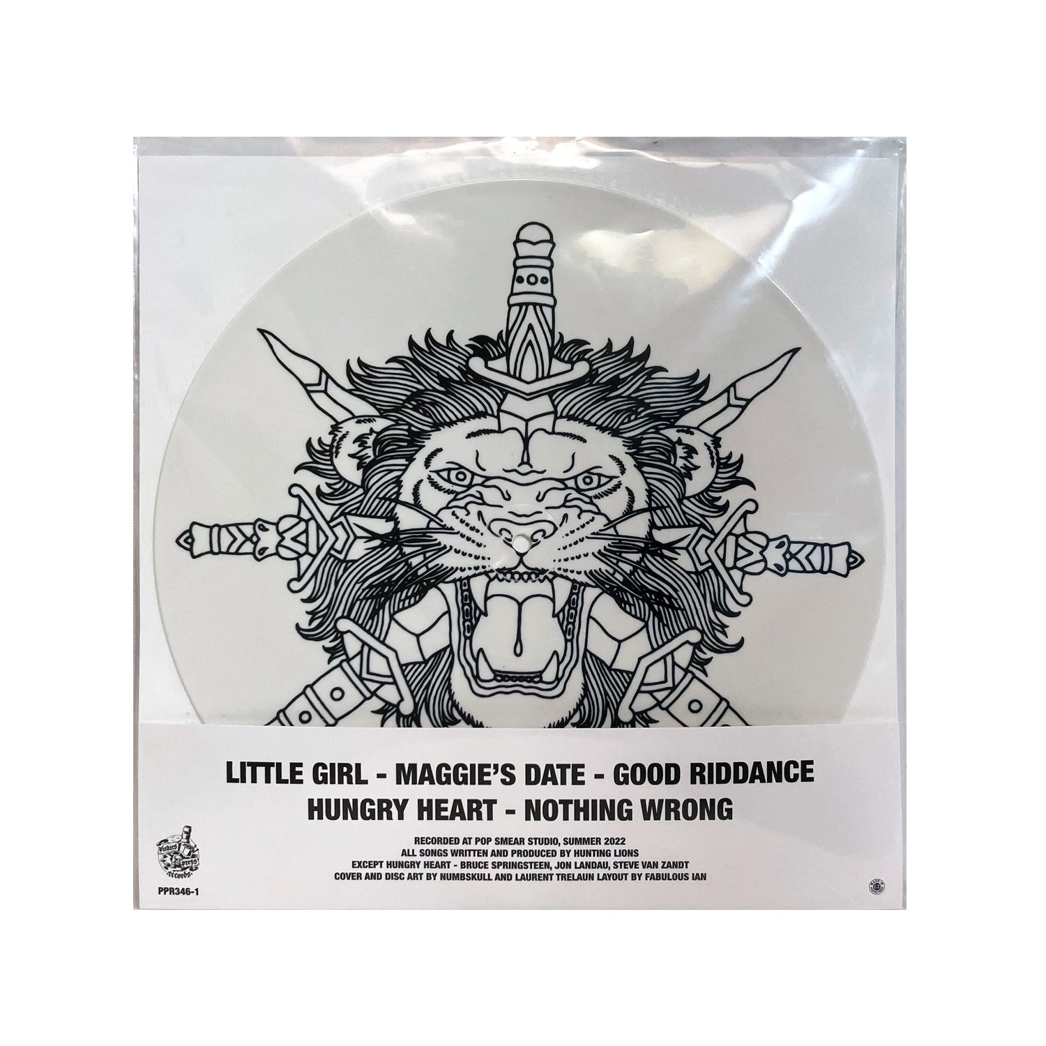 The limited edition white vinyl from Hunting Lions showcases a black line art lion’s head before a sword, featuring tracks: Little Girl, Maggie’s Date, Good Riddance, Hungry Heart, and Nothing Wrong.