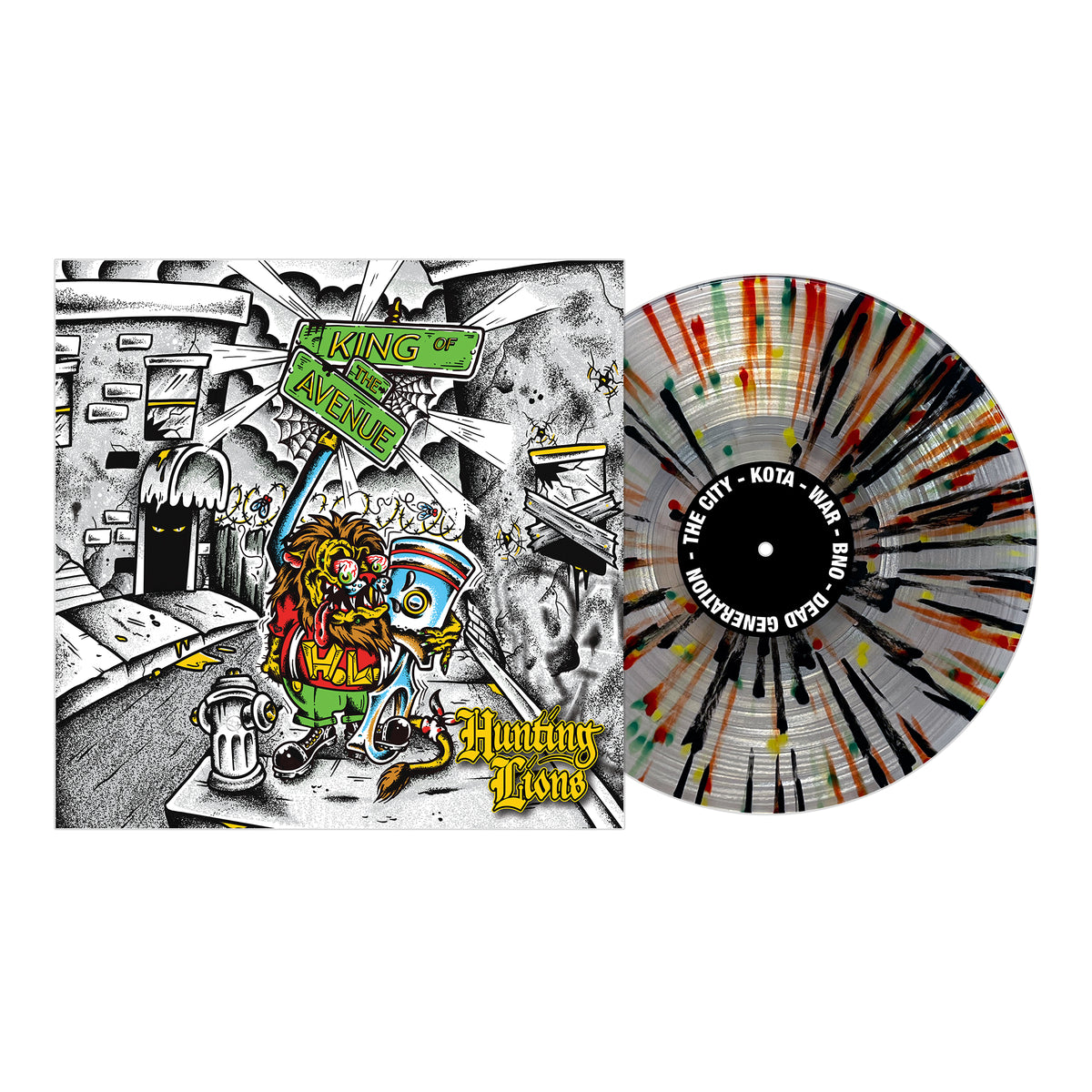 Hunting Lions - King Of The Avenue - Clear W/ Black, Green, Red &amp; Yellow Splatter - Vinyl