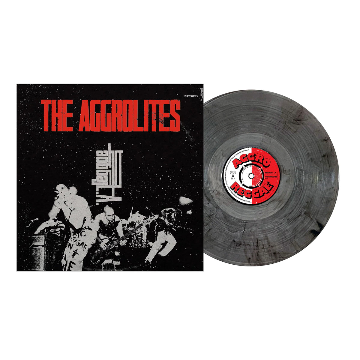 The Aggrolites’ third album showcases a black and white cover with bold red text, paired with a marbled black Free Time vinyl and striking red and white label, released by Pirates Press Records.