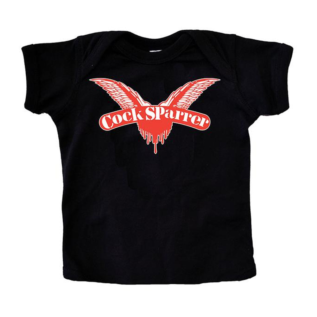 Cock Sparrer toddler T-shirt by Rabbit Skins with a bold red winged logo and white Cock Sparrer text on the chest, featuring a cool dripping paint effect on both the wings and lettering.