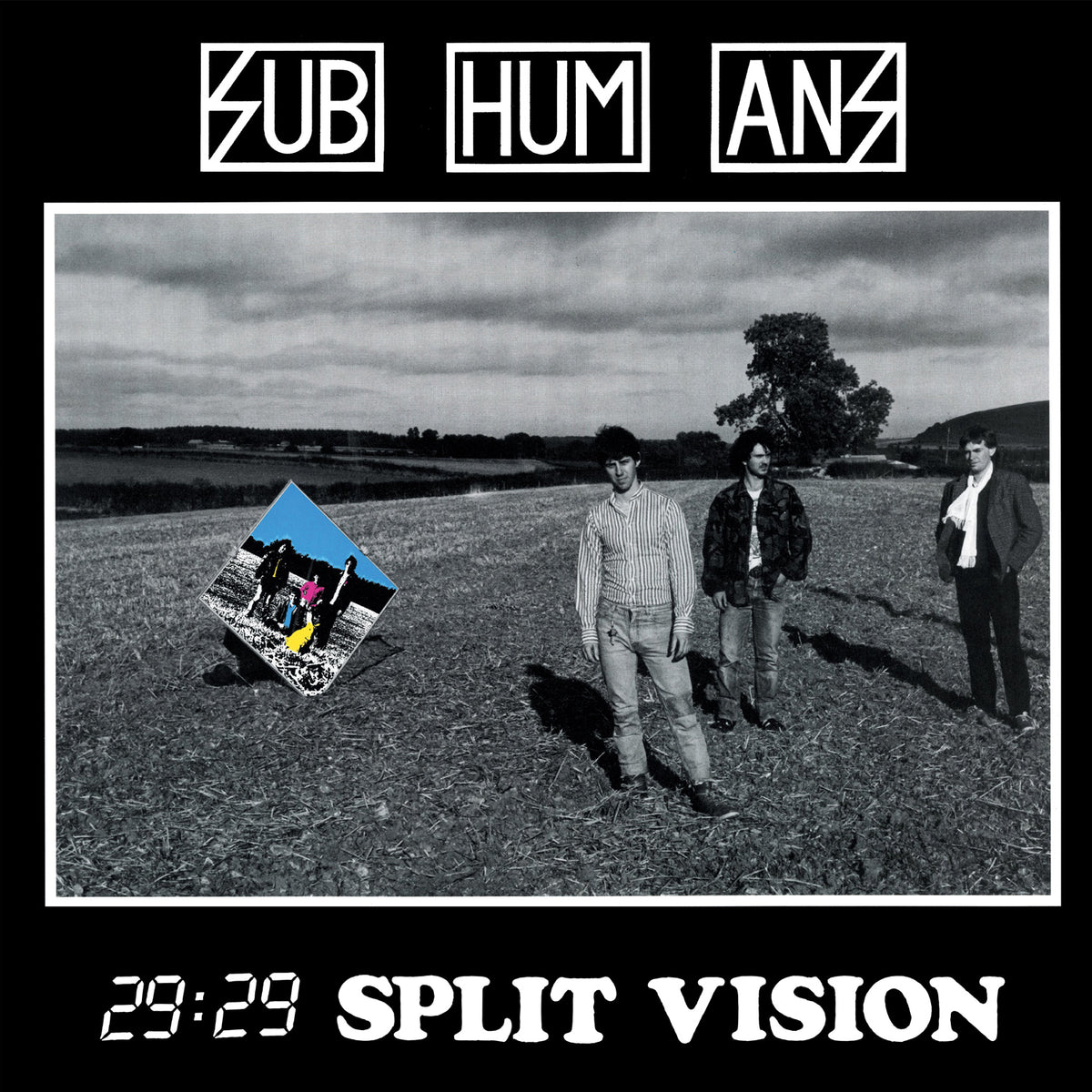Three men stand in a field under a cloudy sky. Subhumans appears above them in bold text. A smaller colorful image overlaps the scene. At the bottom, 29:29 SPLIT VISION hints at unreleased tracks and a lyric booklet from Subhumans.