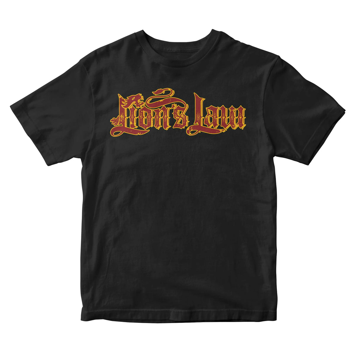 A black Gildan 2000 T-shirt with Lions Law in ornate red and gold lettering across the chest—perfect for fans of bold band logo shirts.