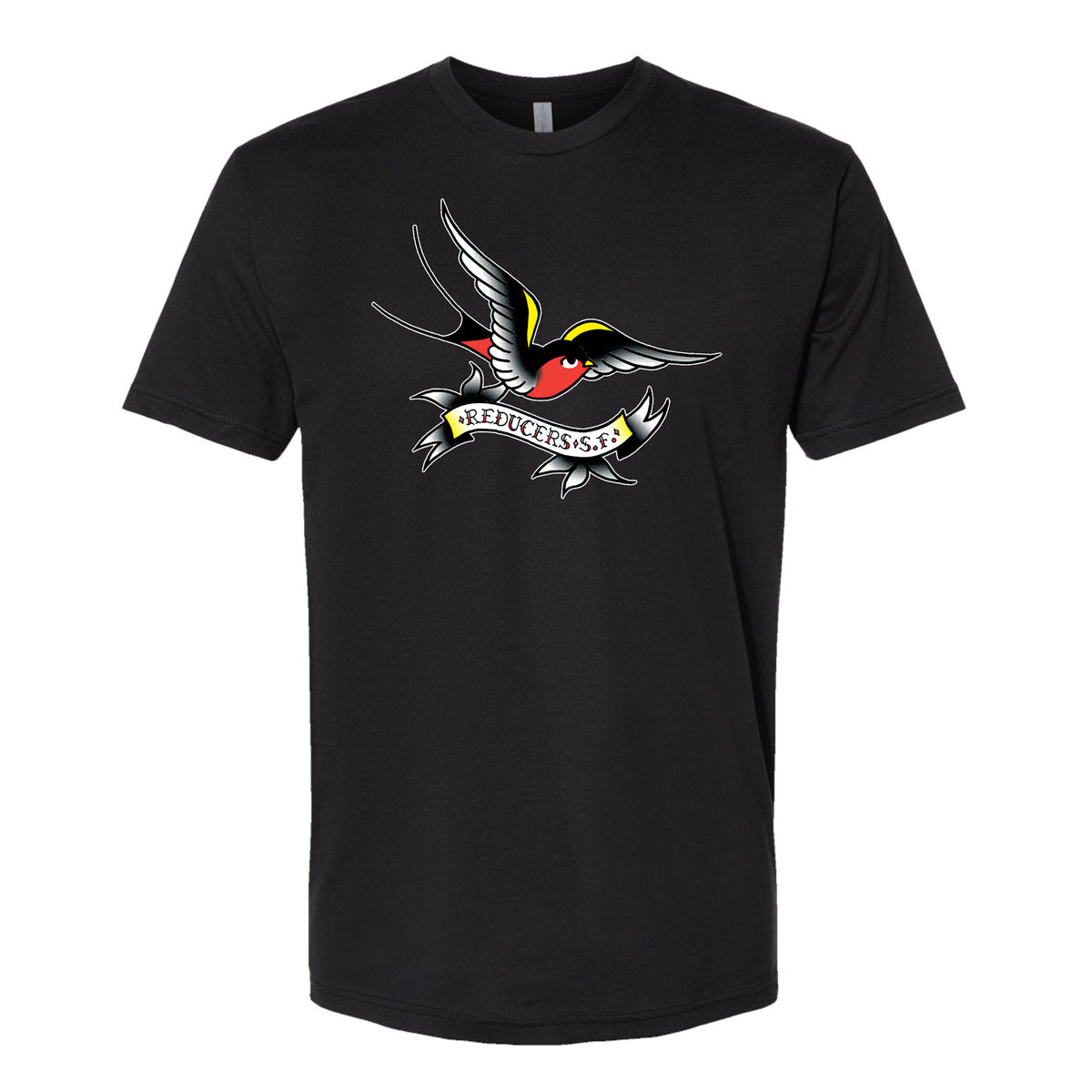 Black Bird Logo shirt featuring a colorful flying bird above a ribbon banner with bold Reducers S.F text, printed on soft Next Level shirts for comfort and style.