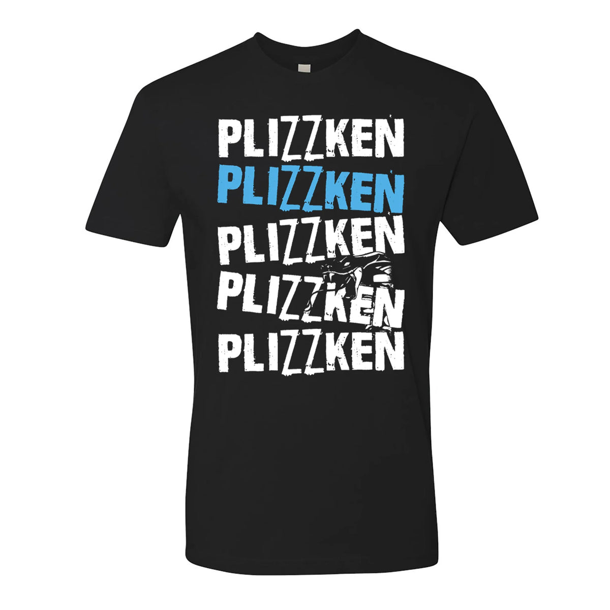Plizzken black t-shirt with PLIZZKEN printed four times in bold, distressed white; the second is blue with a partial head and goggles graphic. Panelled logo style on Next Level 3600.