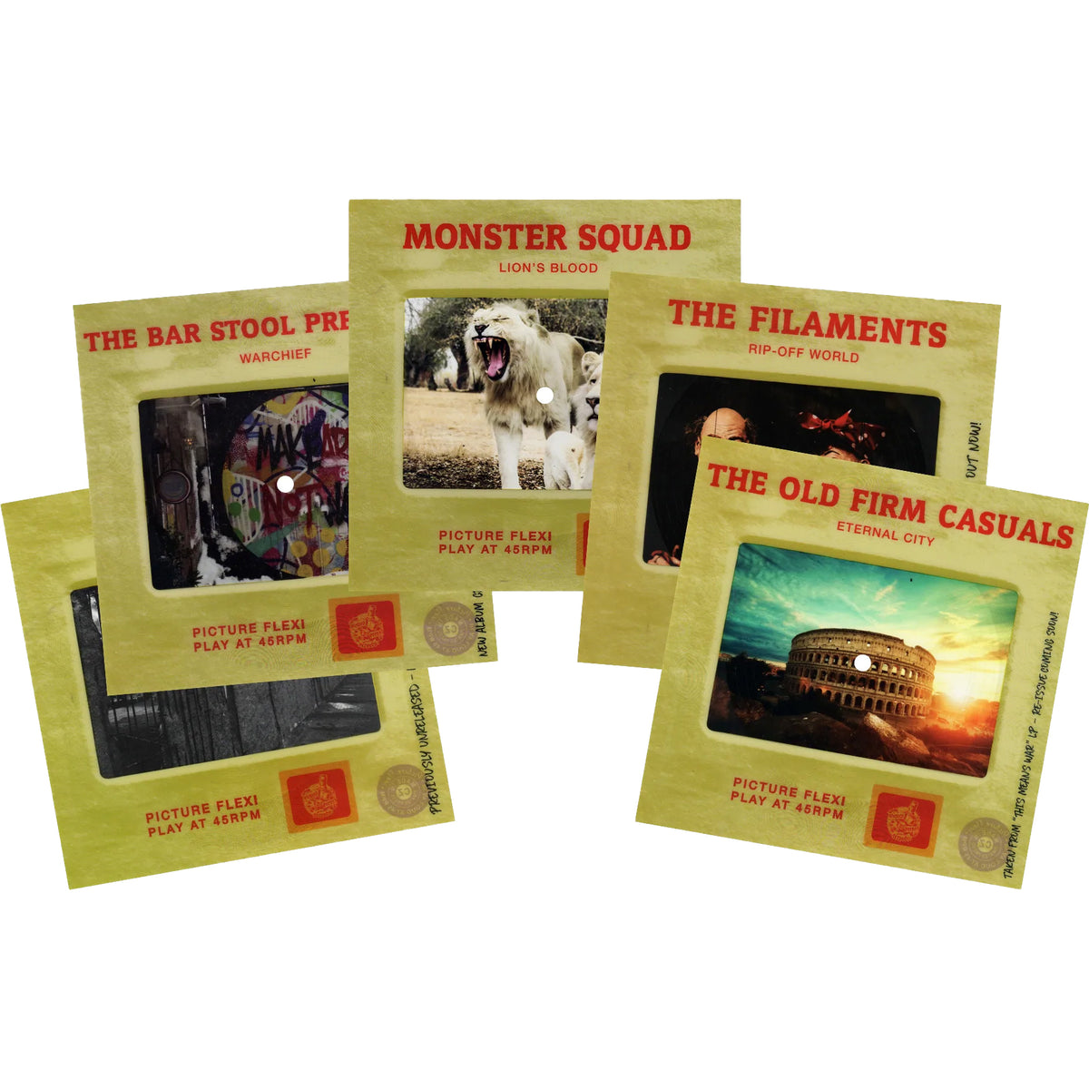 Four vintage-style flexi discs from Pirates Press Records are displayed with square yellow sleeves featuring band names, song titles, and vibrant cover art, arranged in an overlapping pattern on a white background.